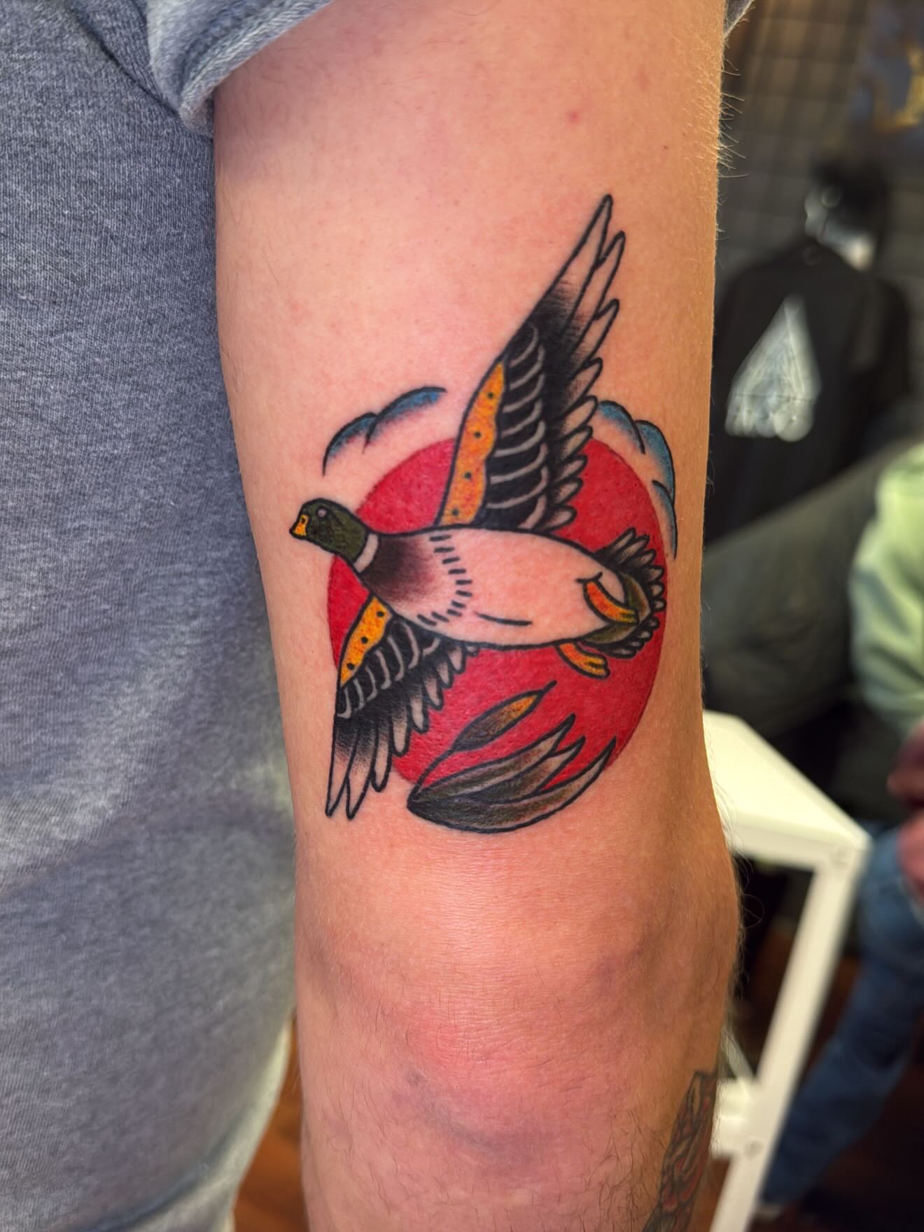 Flying duck American traditional tattoo on the forearm by Zach Eden