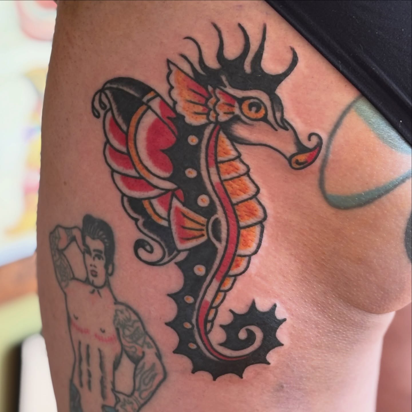 Seahorse American traditional tattoo on the thigh by Malachi