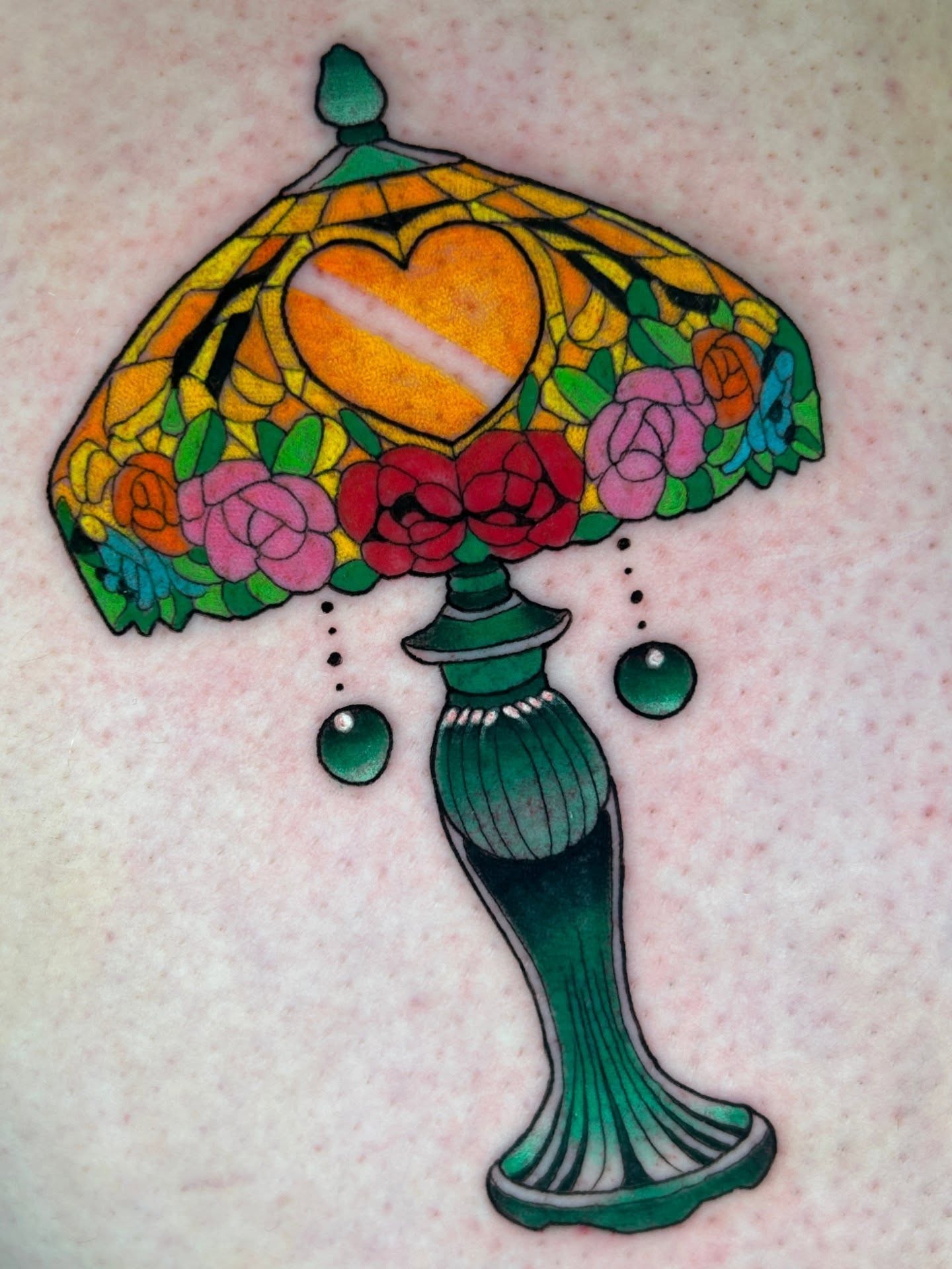 Lampshade with floral design new school tattoo by Chloe Marie