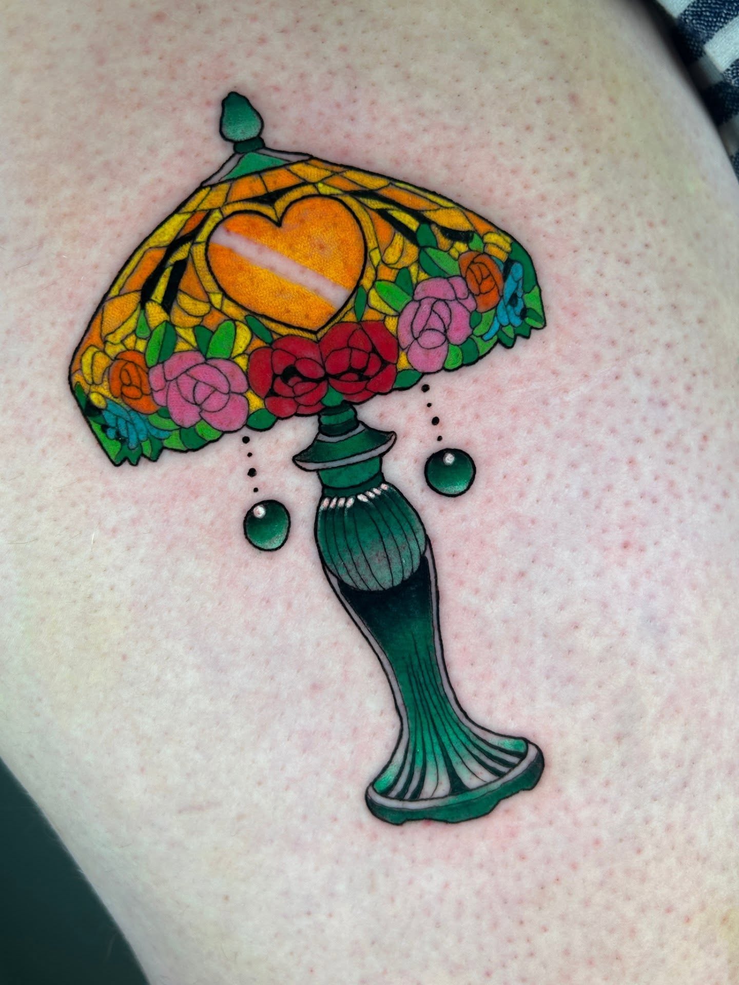 Lampshade new school tattoo on the thigh by Chloe Marie