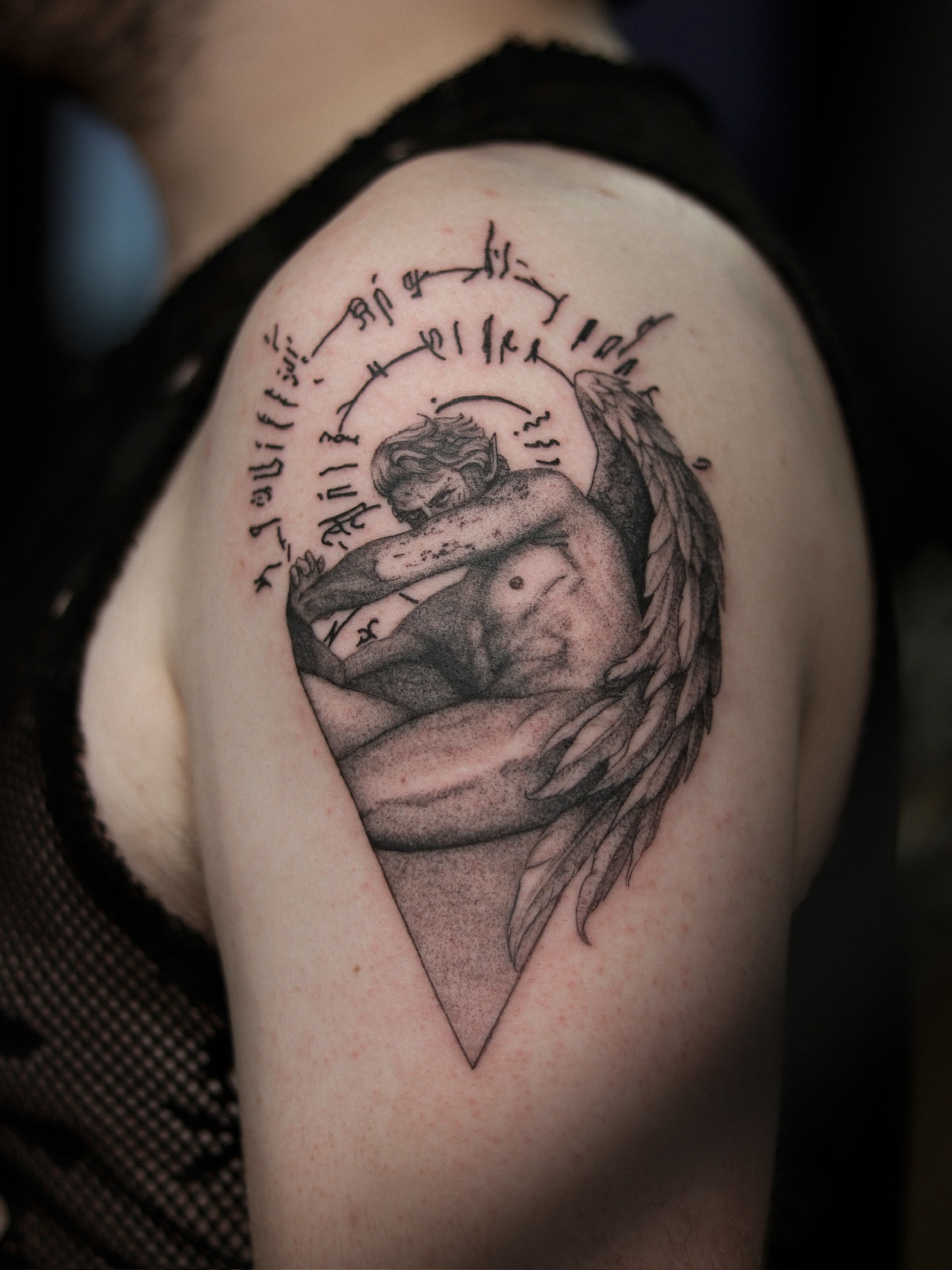 Angel and demon realism tattoo on the shoulder by Arthur Kossoski