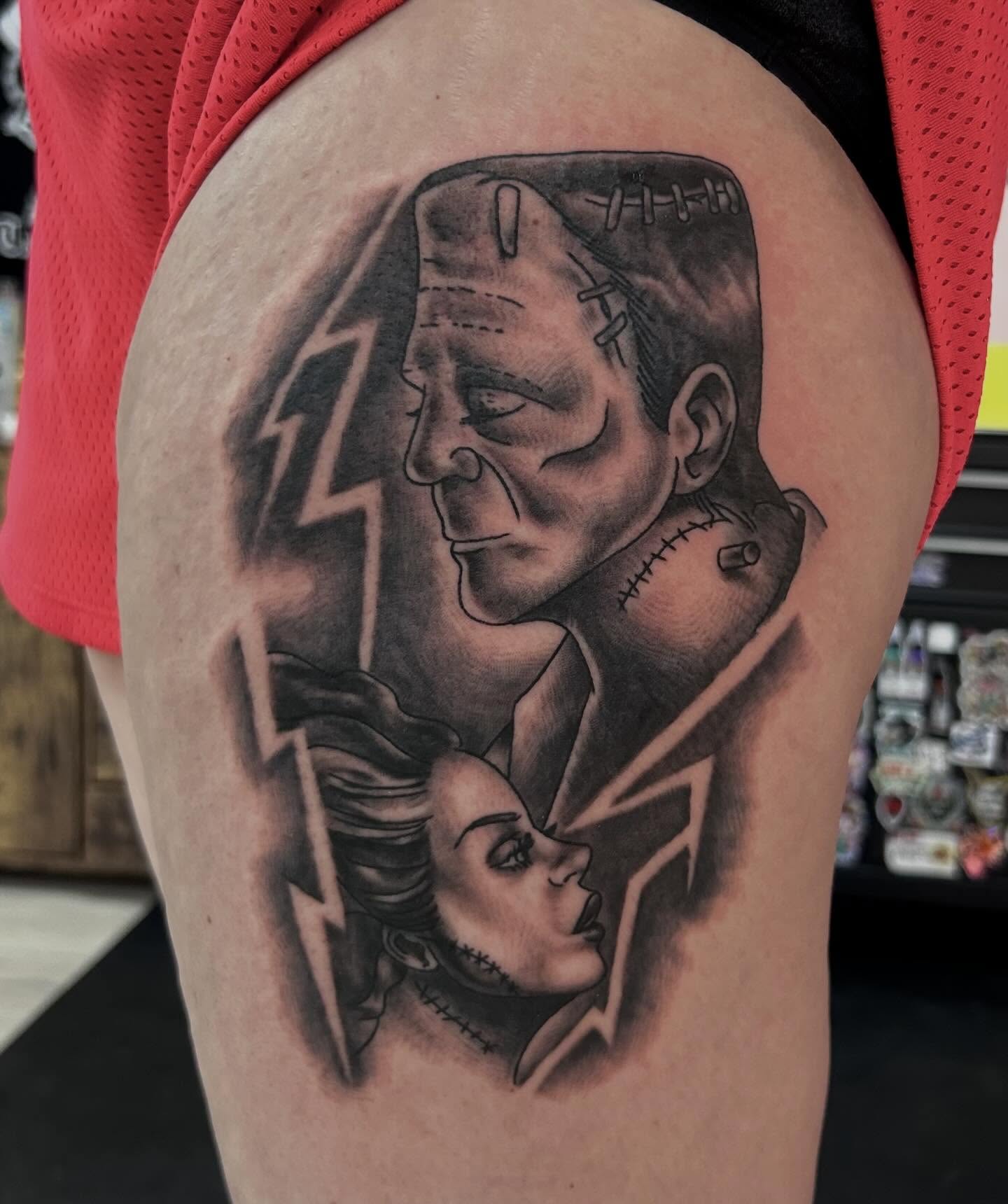 Frankenstein and bride realism tattoo on the thigh by Red✨, Gansevoort, New York