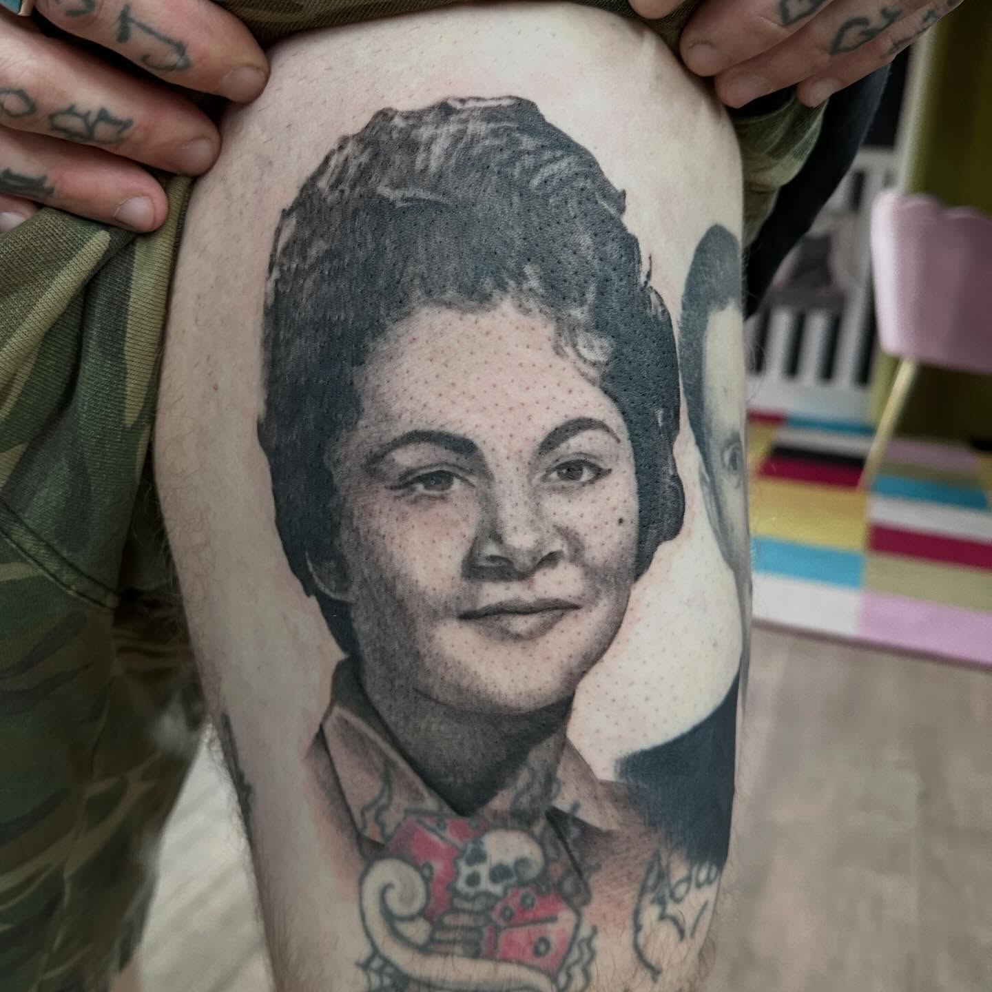 Portrait dotwork tattoo on the thigh by Dustin Clark, Dayton, Ohio