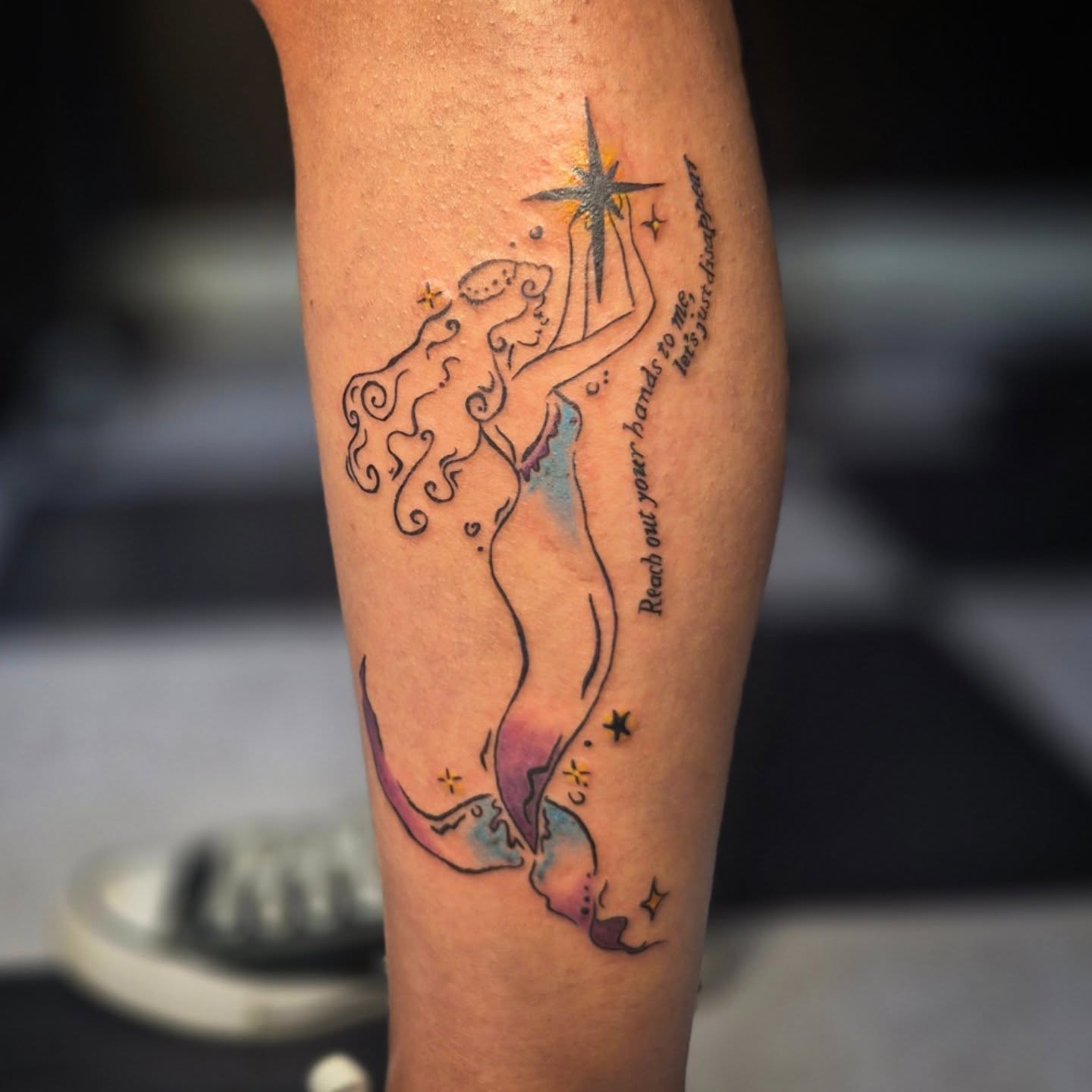 Mermaid holding star watercolor tattoo on the forearm by π΅ππππ§π»ββοΈβΛκ©ο½‘β
