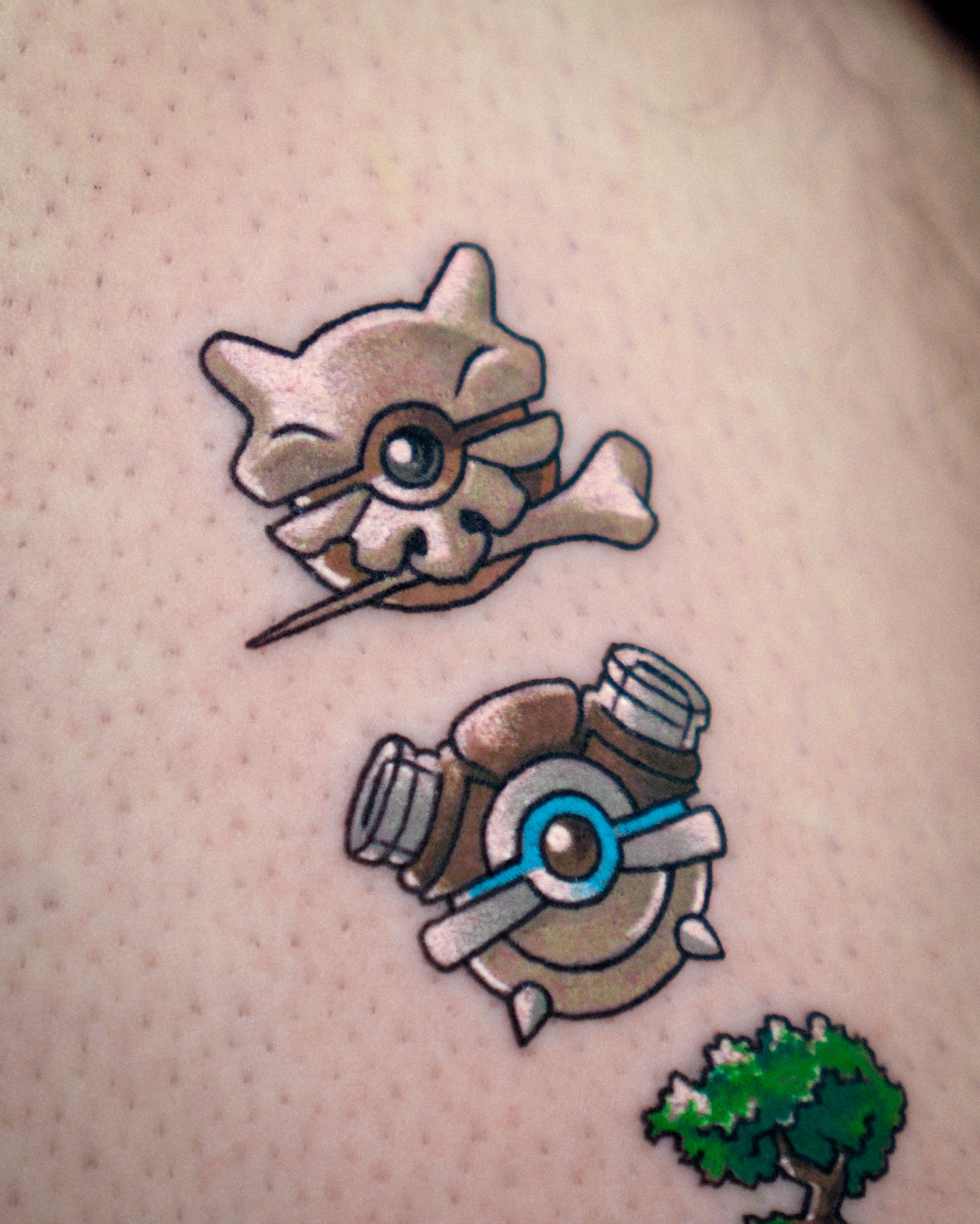 Meowth and pokeball new school tattoo on the thigh by Eden