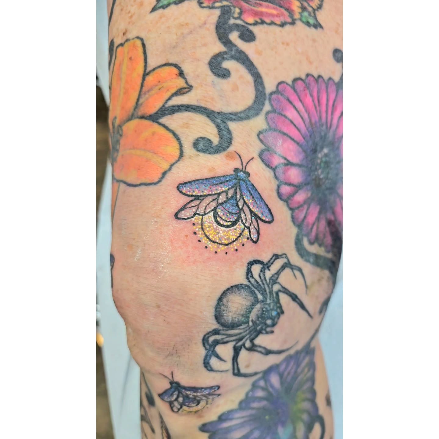 Insect and flowers American traditional tattoo on the forearm by The Fabled Tattooist (Alyssa Summers), Eagle Point, Oregon