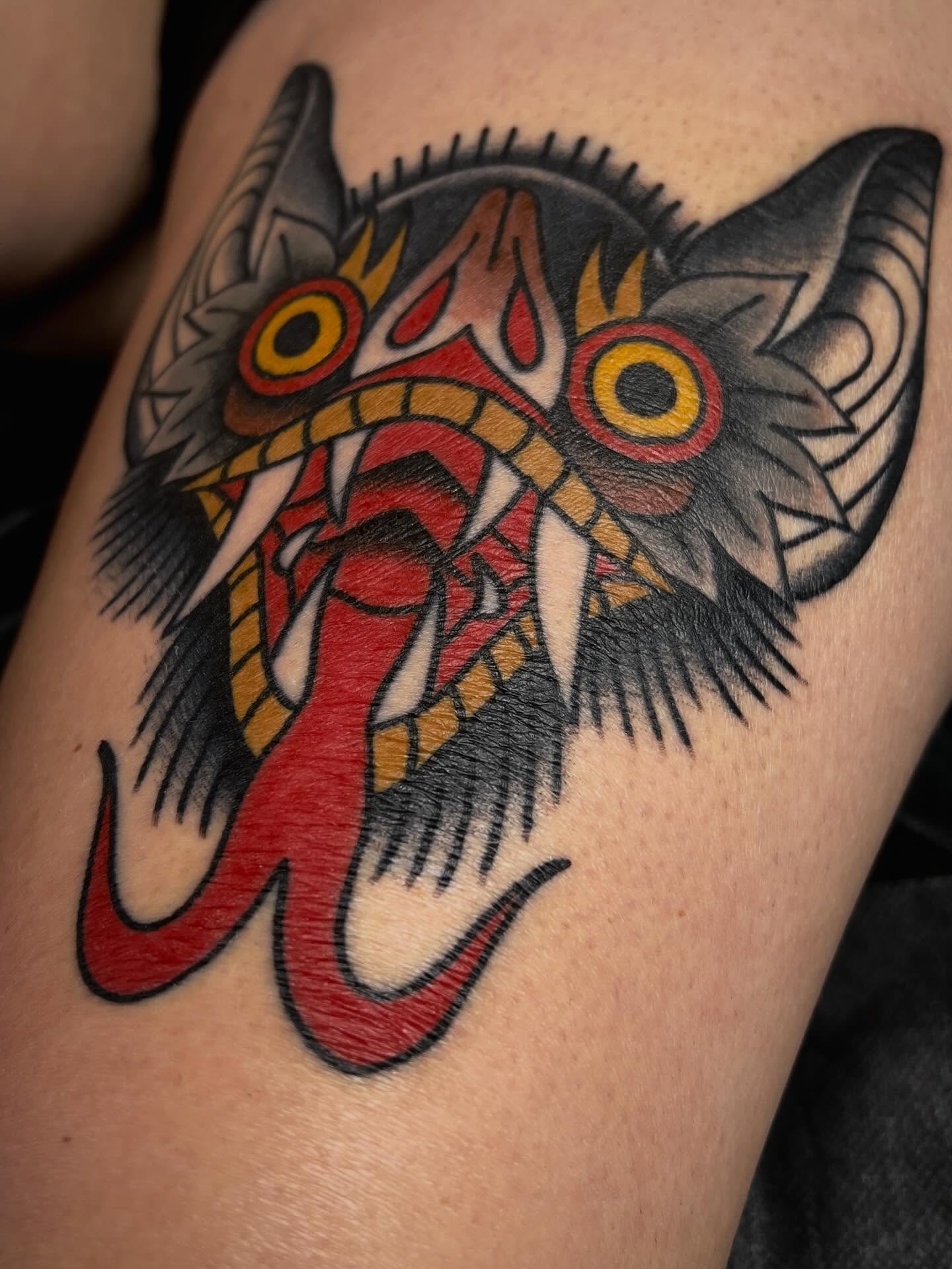 Mask American traditional tattoo on the thigh by ReadyFreddie_tattoo