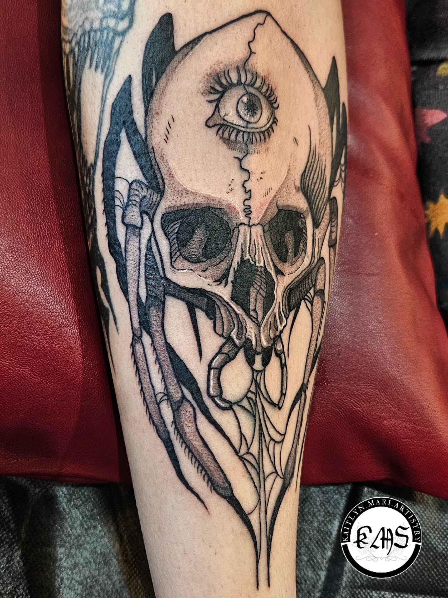 Skull with eye realism tattoo on the forearm by Kaitlyn Marianna Skewes 🌙 Illustrative