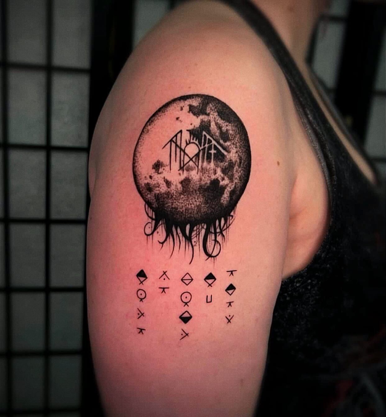 Moon and runes dotwork tattoo on the shoulder by π·ππ πππππ π·οΈ