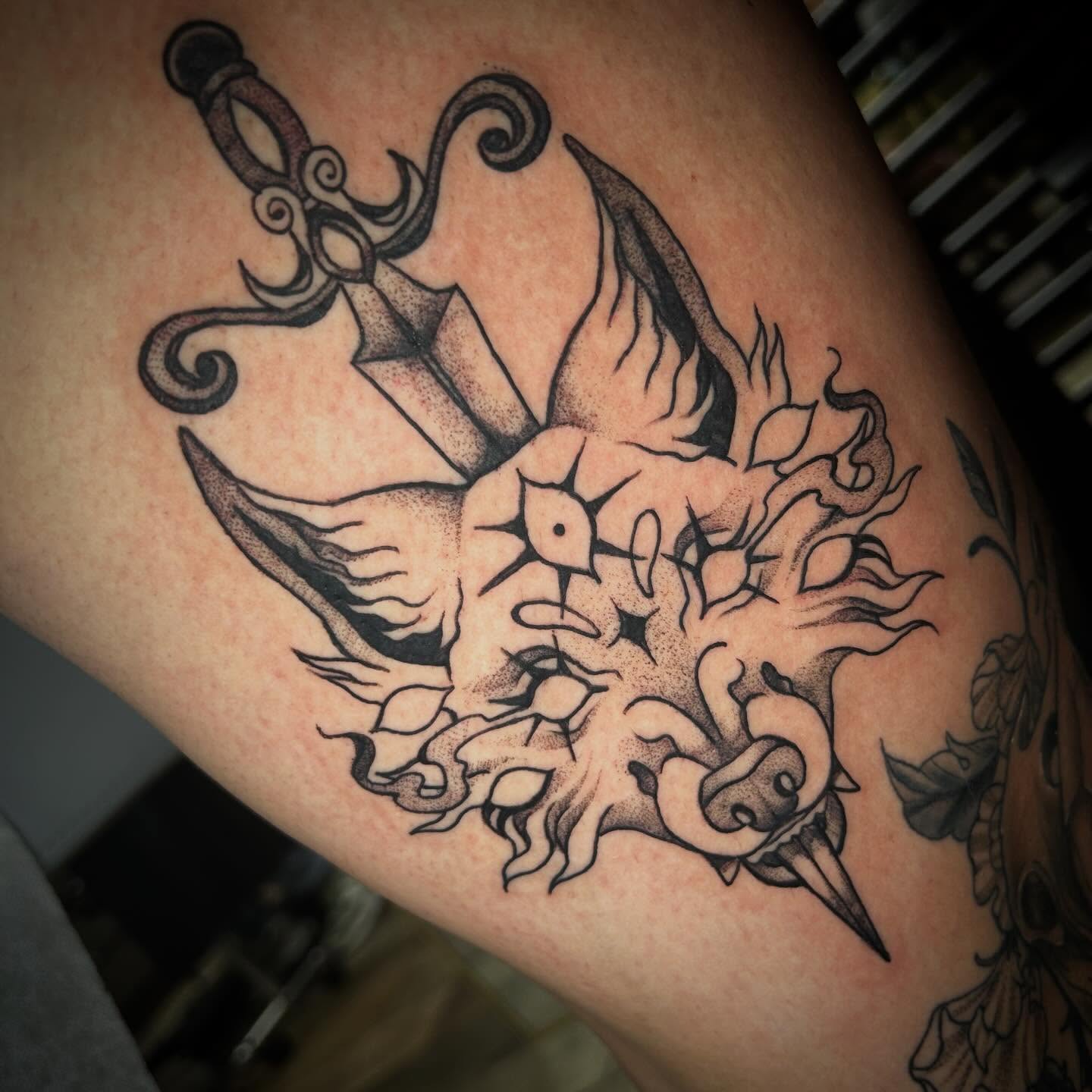 Winged creature dotwork tattoo on the thigh by ✶ 𝓑𝓲𝓽𝓮𝓼𝓲𝔃𝓮𝓭 𝓘𝓷𝓴 ✶, Buford, Georgia