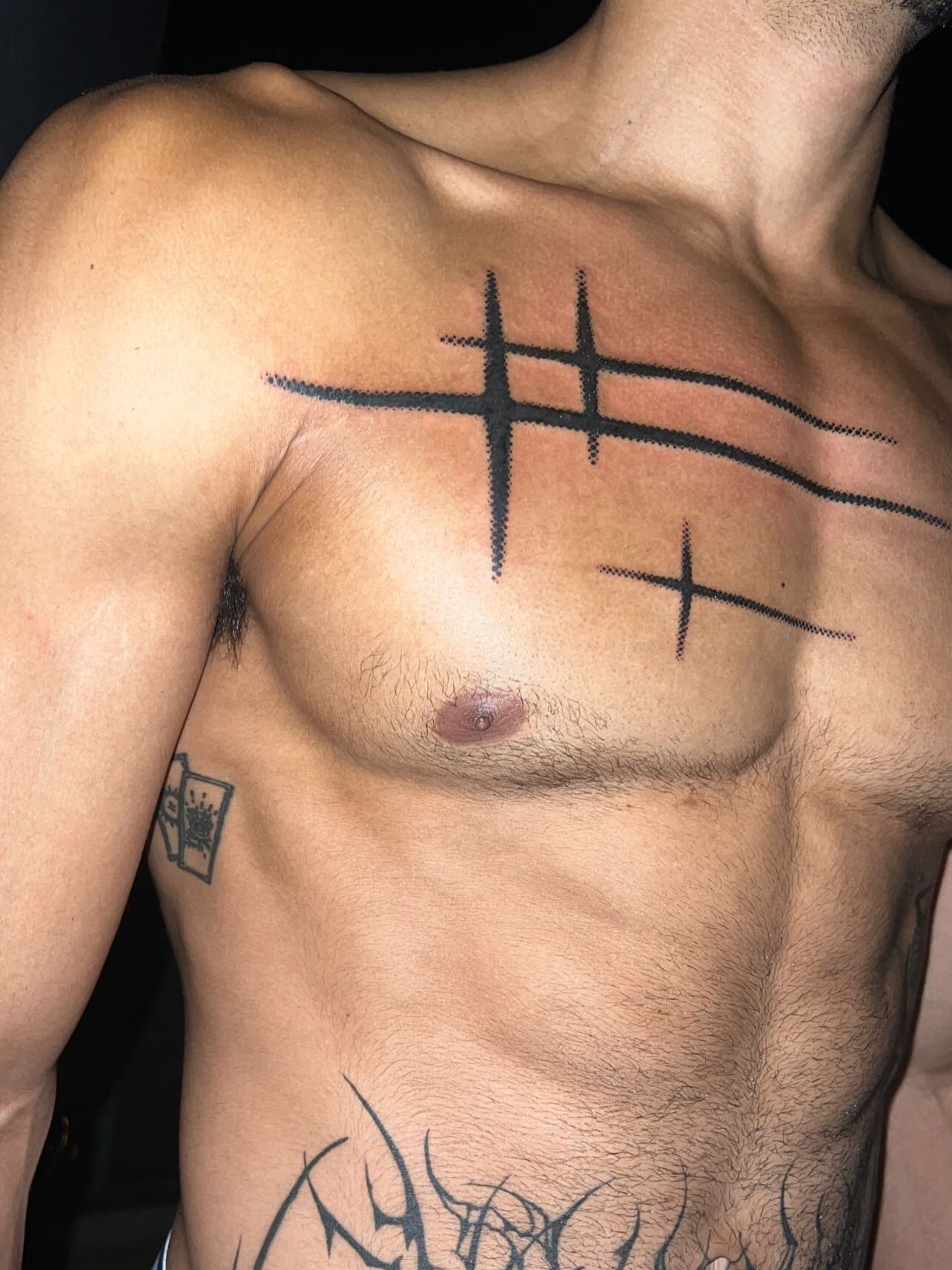 Crosses dotwork tattoo on the chest by syiko ☆ 。・:*˚:✧。, Austin, Texas