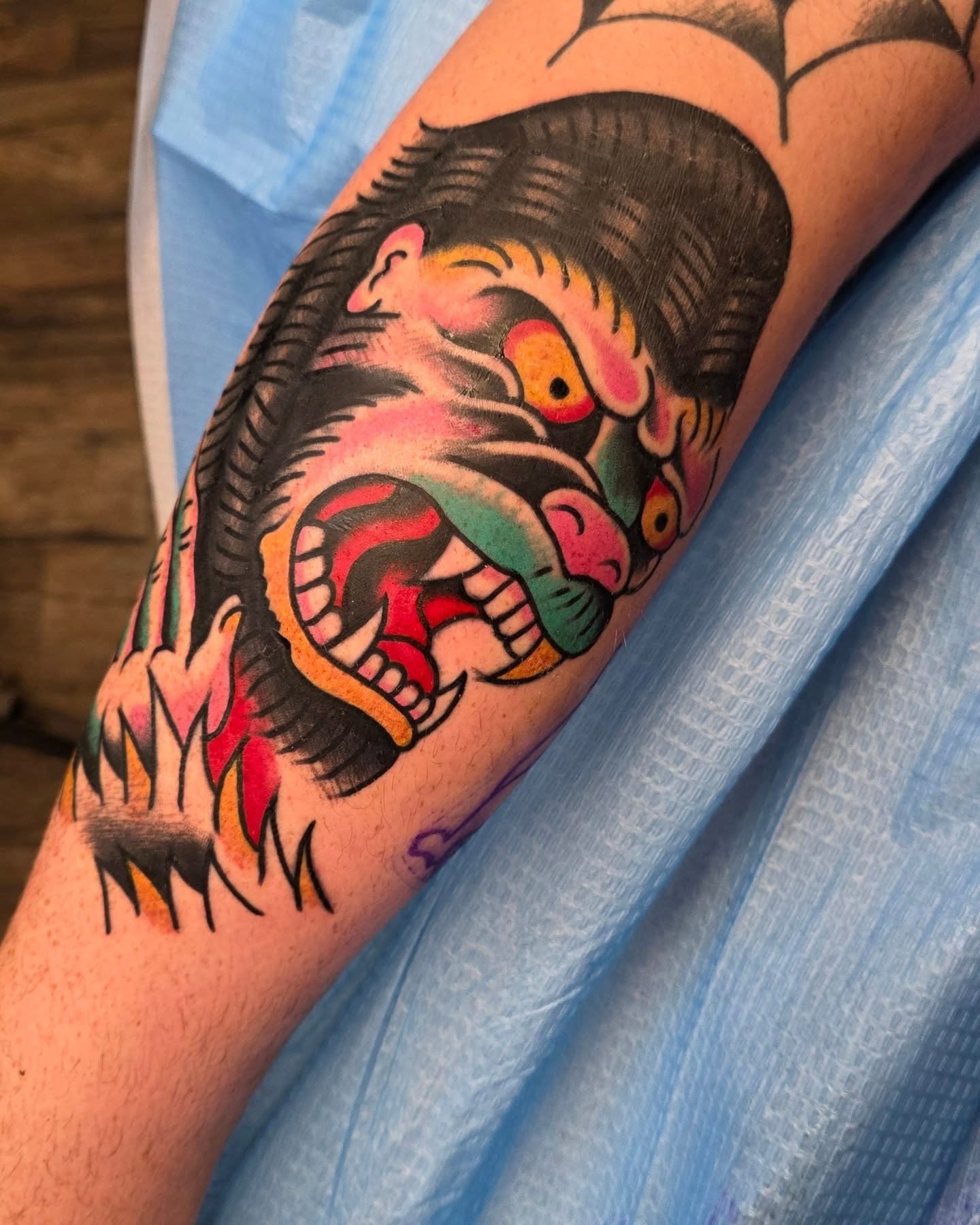 Rampant lion American traditional tattoo on the forearm by J. Kirsch New Jersey Tattoo Artist