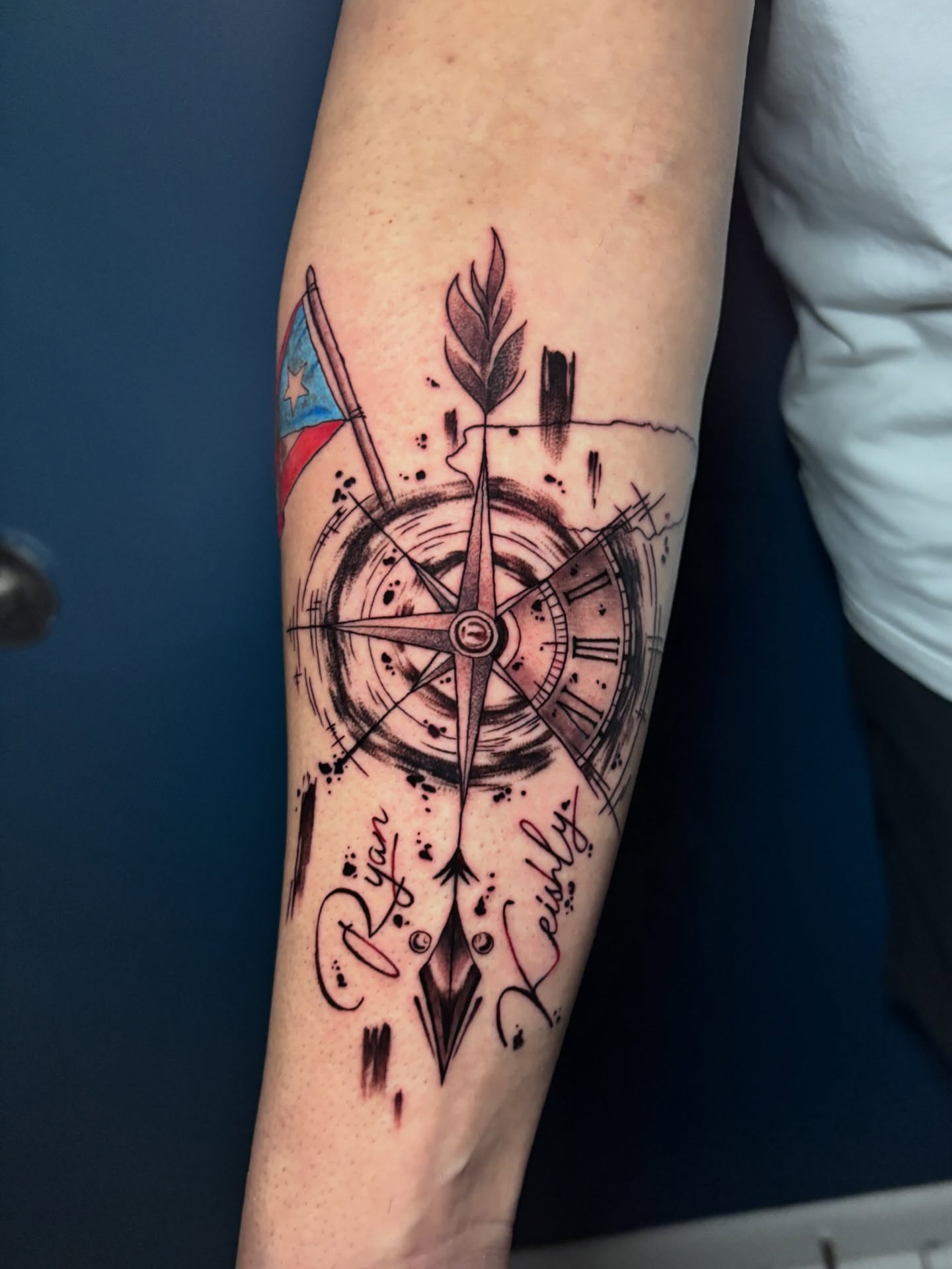 Compass and flag black and grey tattoo on the forearm by 🌸Mandy Blossoms🌸The Cosplaying Tattoo Artist🌸