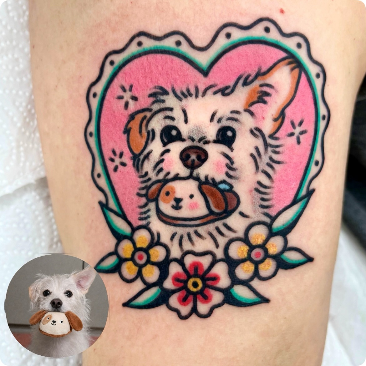 Dog and flowers American traditional tattoo on the forearm by 올드스쿨타투 레드립