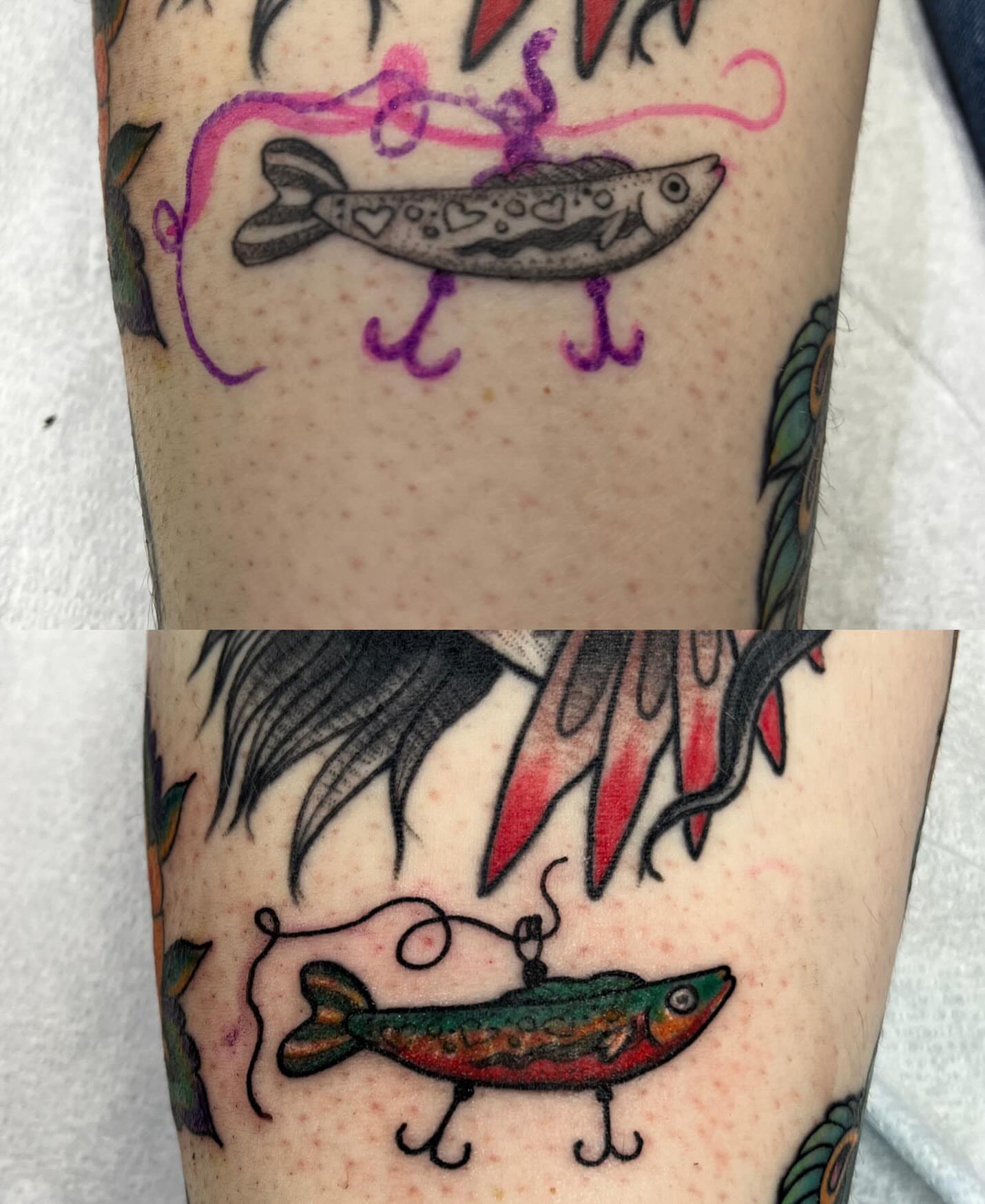 Fish and hook American traditional tattoo on the forearm by CRAIG B⛓️ Cincinnati Tattoo Artist