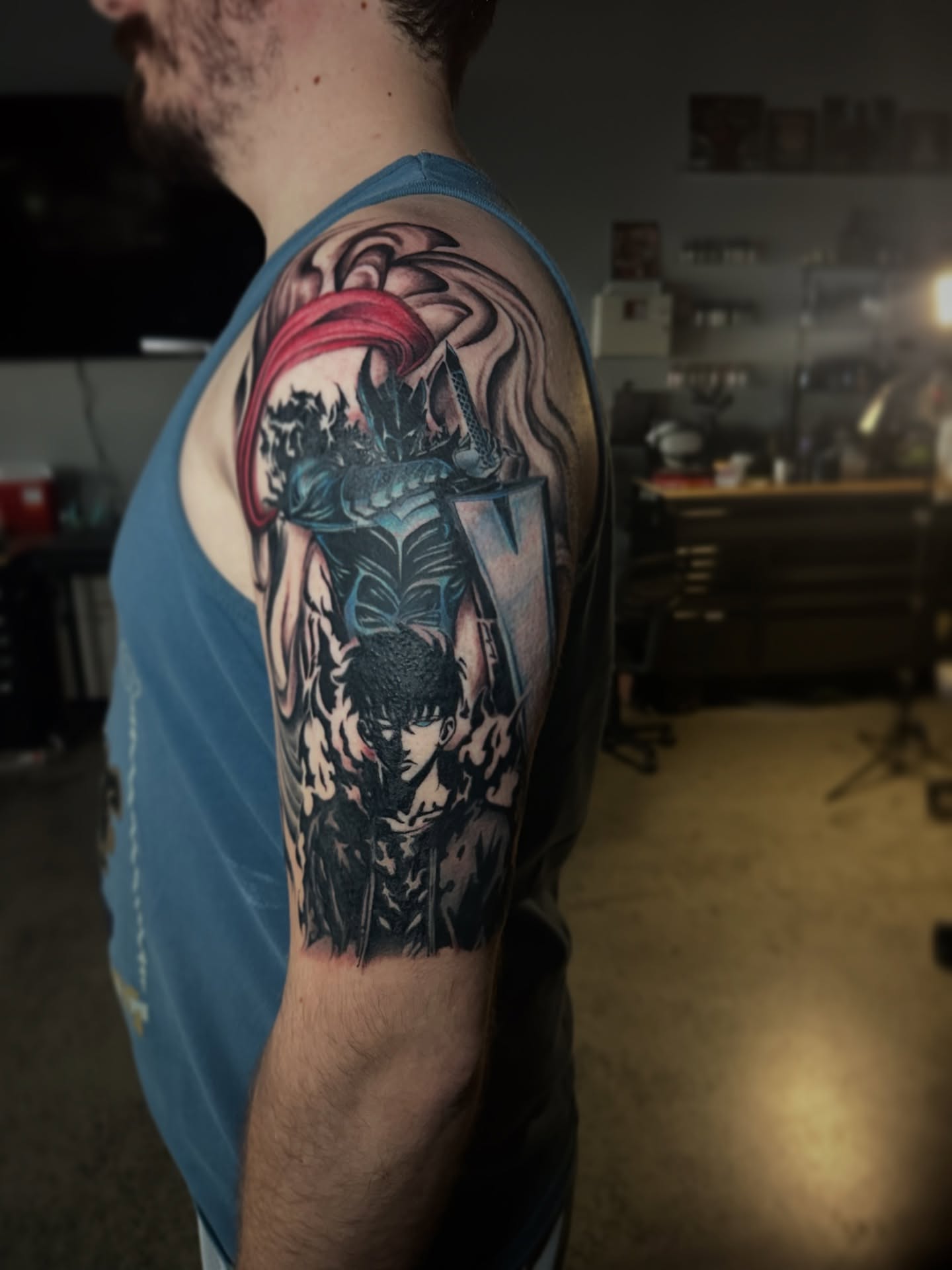 Warrior realism tattoo on the shoulder by Elizabeth’s Eclectic Tattoos