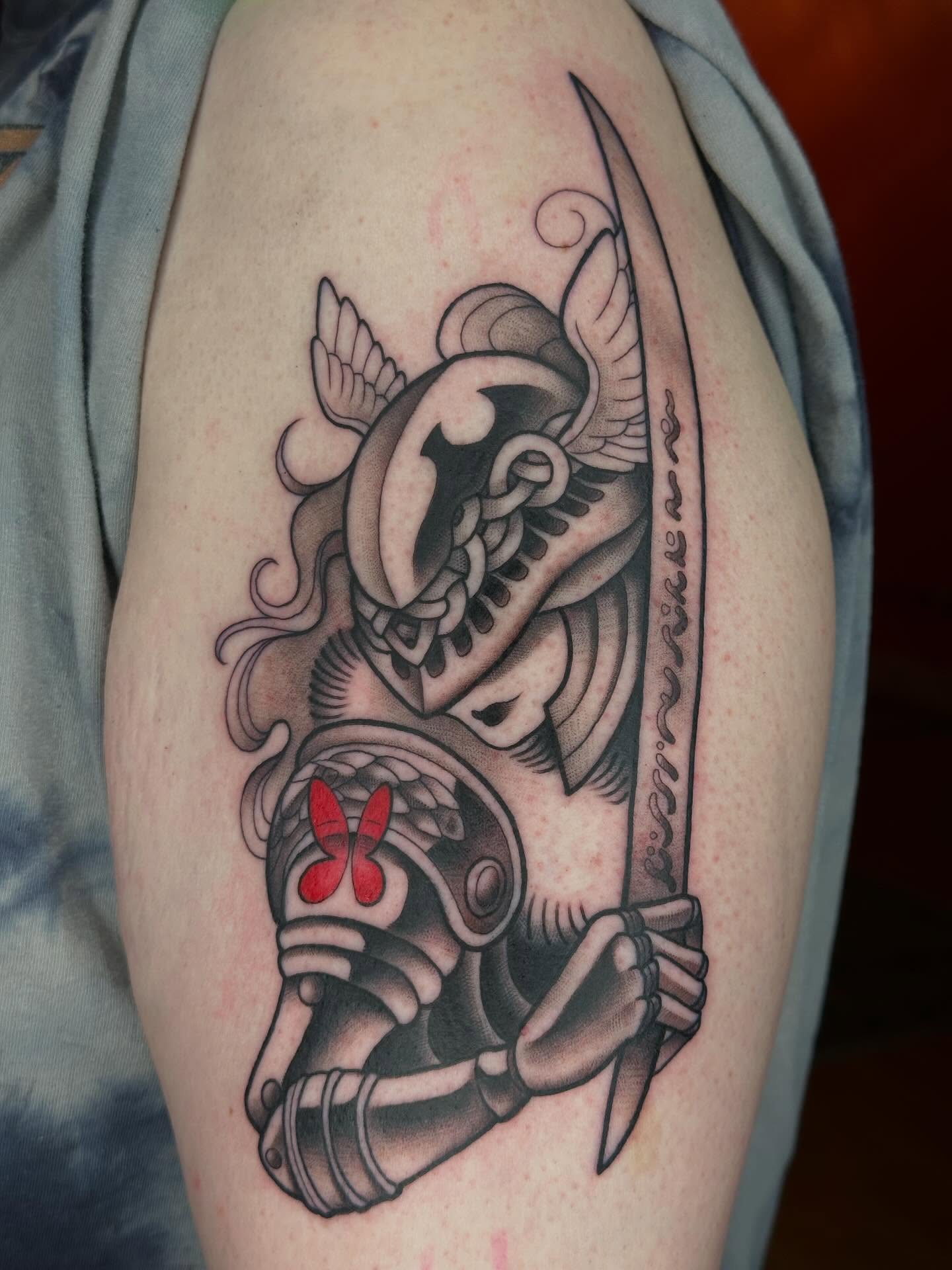 Warrior helmet and sword realism tattoo on the shoulder by ✨ Mandy Foster - Bremerton Tattoo Artist✨, Bremerton, Washington