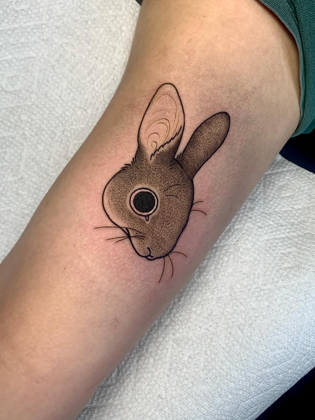 Rabbit head dark art tattoo on the forearm by ⓣⓞⓡⓘ, Bangor, Maine