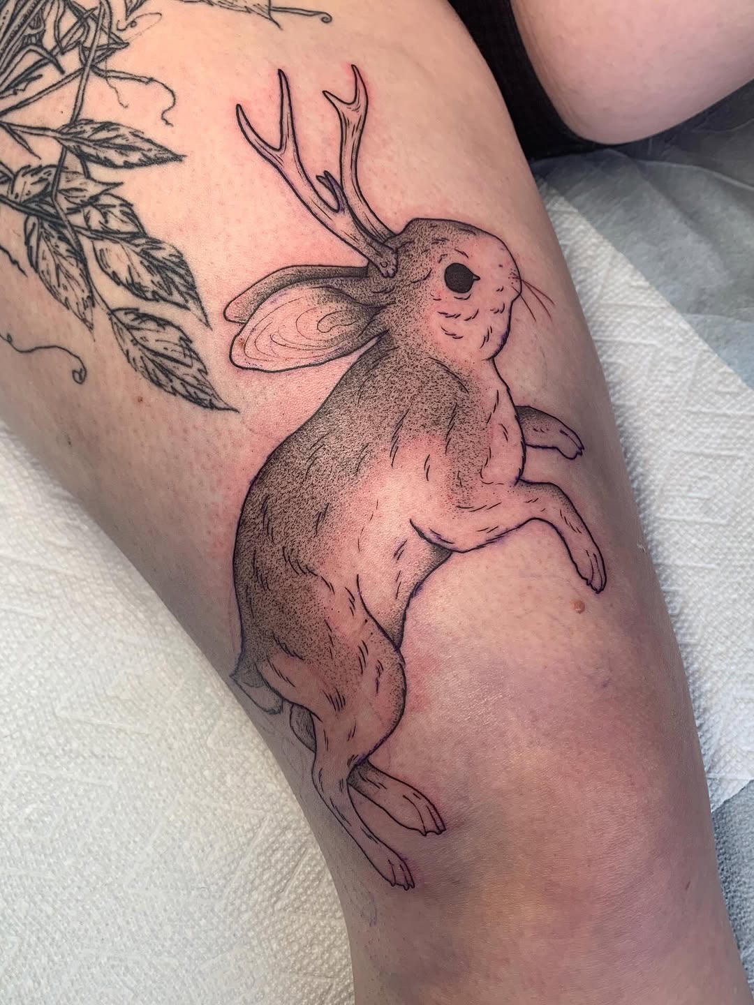 Jackalope with foliage fine line tattoo on the forearm by ⓣⓞⓡⓘ, Bangor, Maine