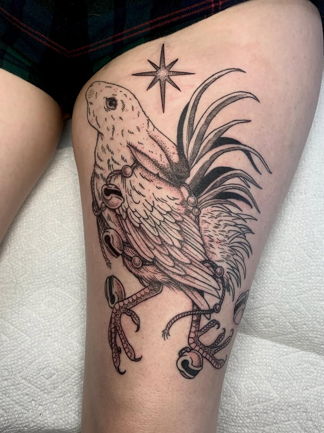 Bird with bells and star fine line tattoo on the thigh by ⓣⓞⓡⓘ, Bangor, Maine