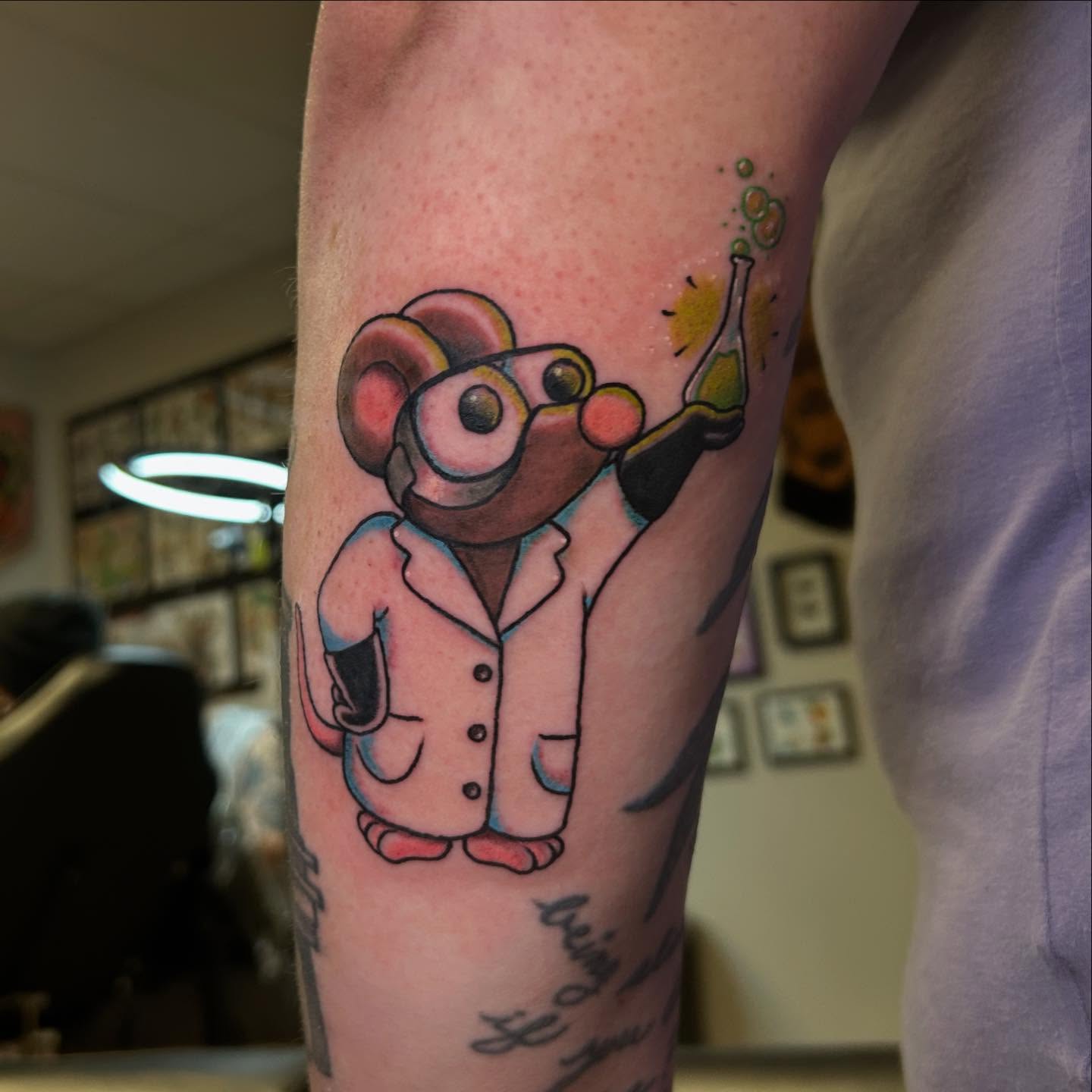 Mouse scientist new school tattoo on the forearm by Sarah π€π»