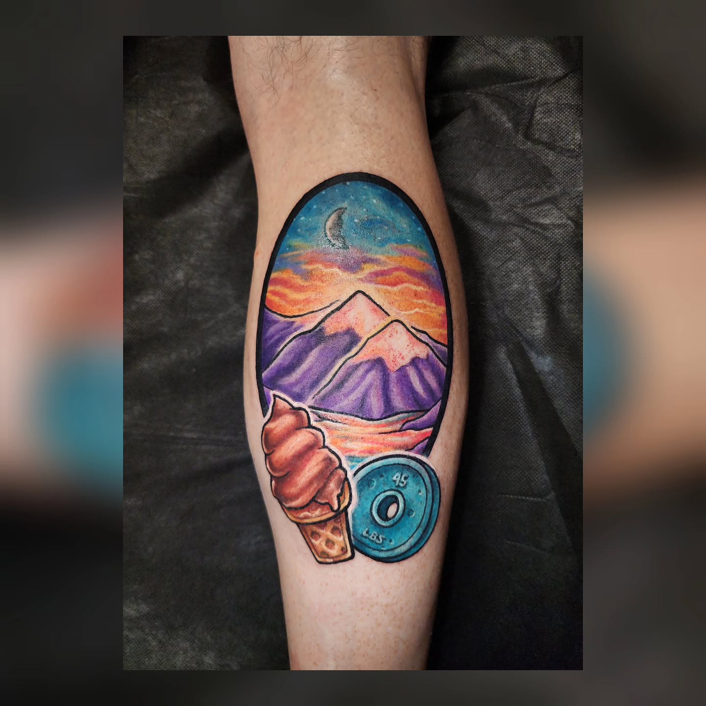 Mountain landscape watercolor tattoo on the forearm by Trista Bettfreund (Birdy)
