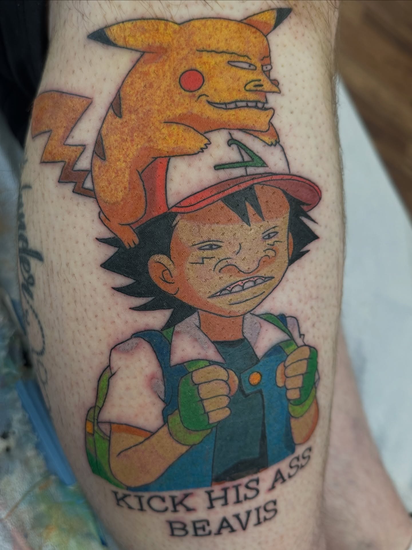 Beavis and Pikachu dotwork tattoo on the forearm by Kyle Simmons
