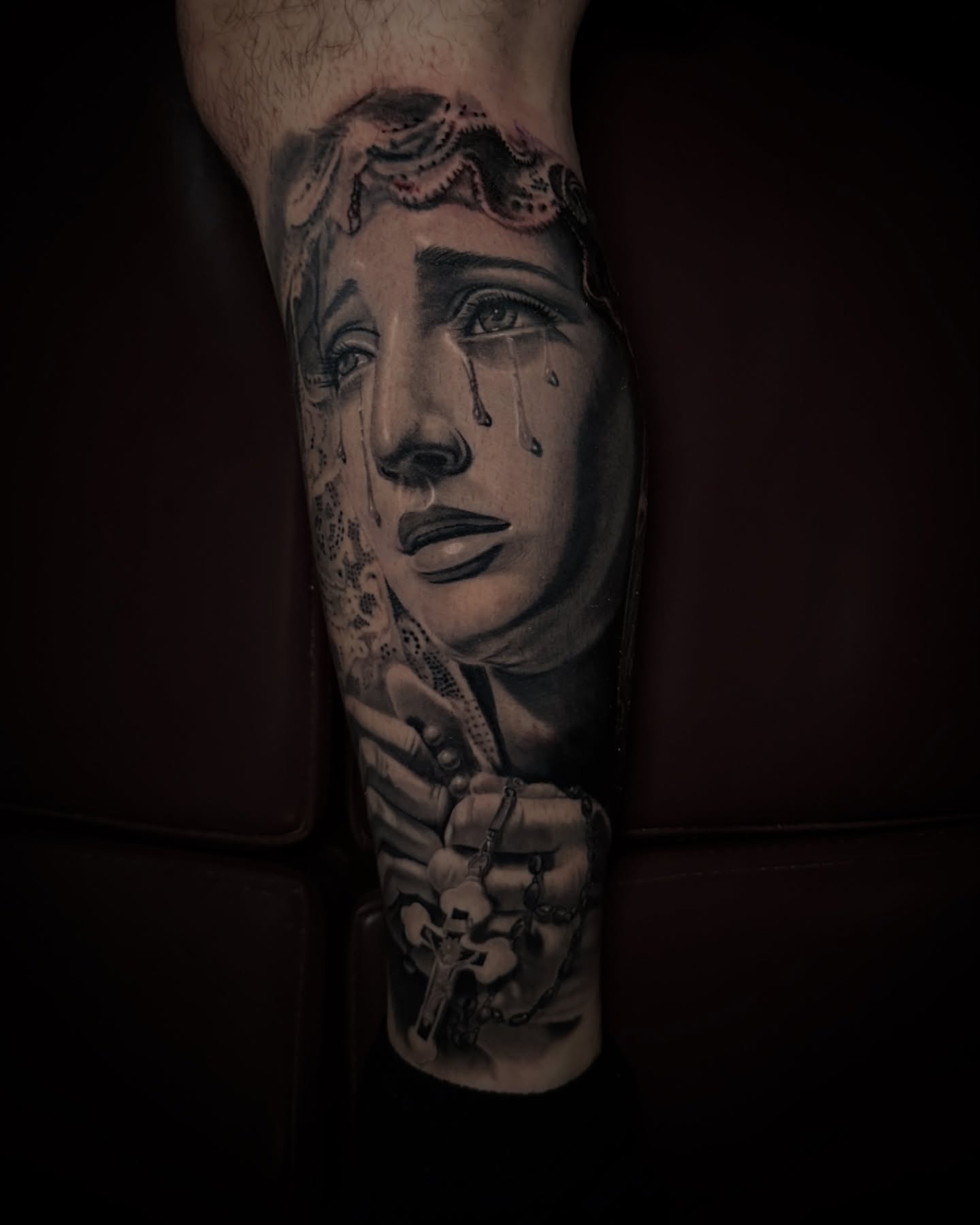 Weeping woman realism tattoo on the forearm by Christian Medina, Sacramento, California