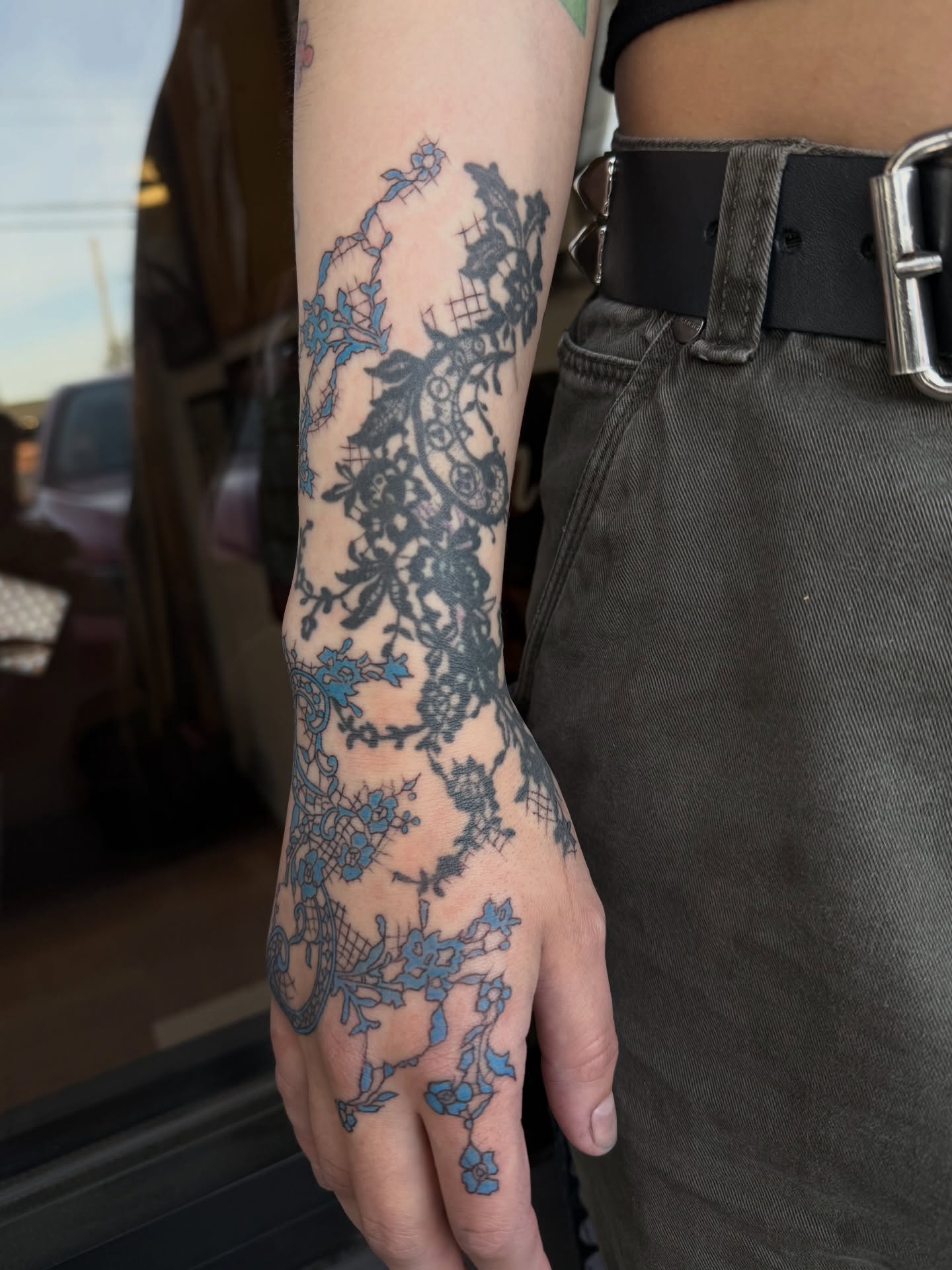 Lace pattern ornamental tattoo on the forearm by Maddie Blosser, Portland, Oregon