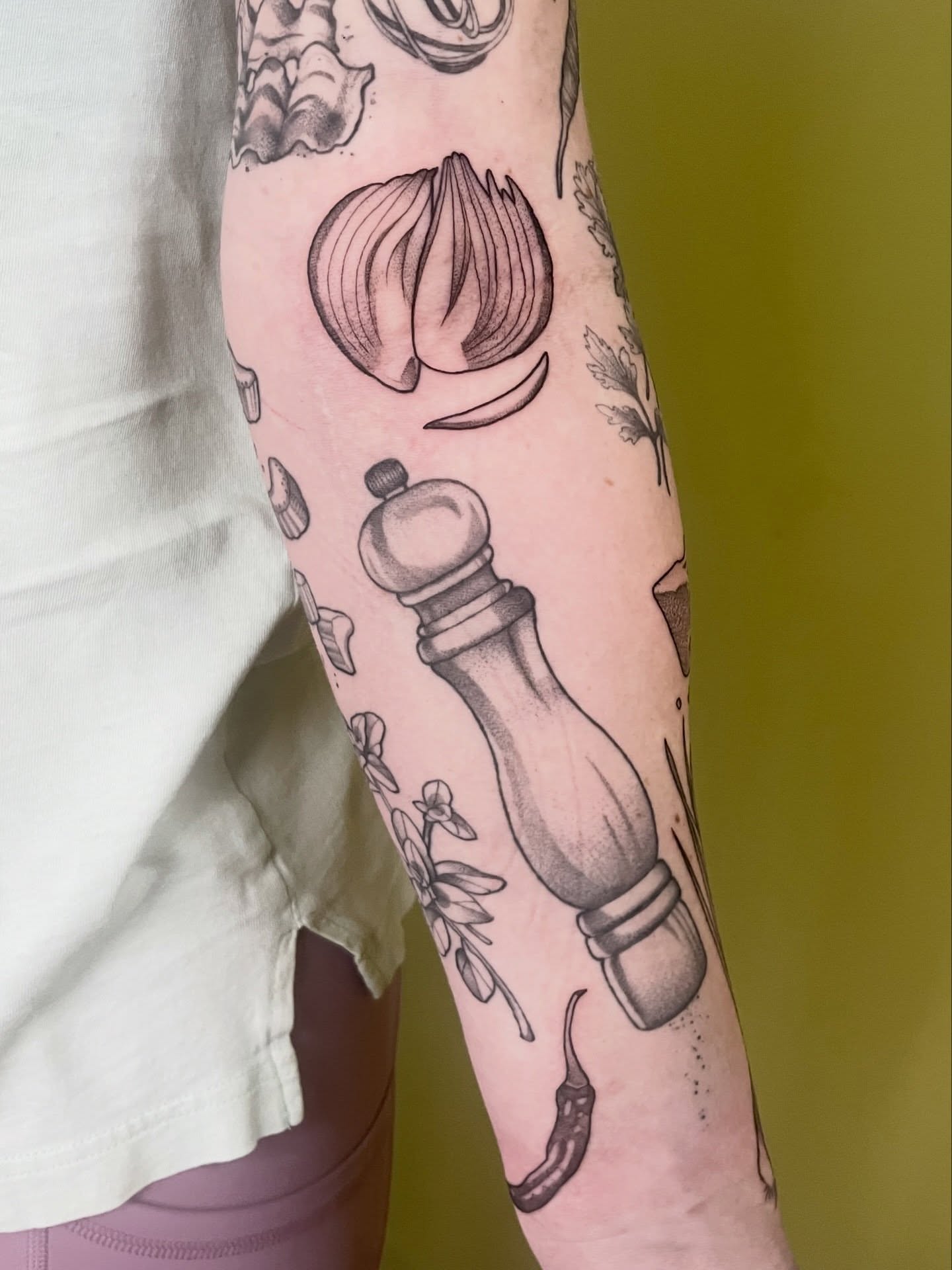Pepper grinder black and grey tattoo on the forearm by ✨Erin Haines✨