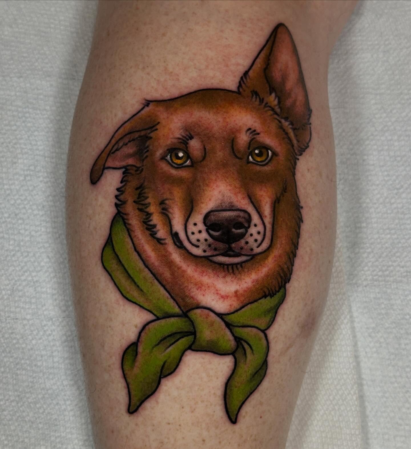 Dog with bandana realism tattoo on the forearm by Kyle Logan Frary
