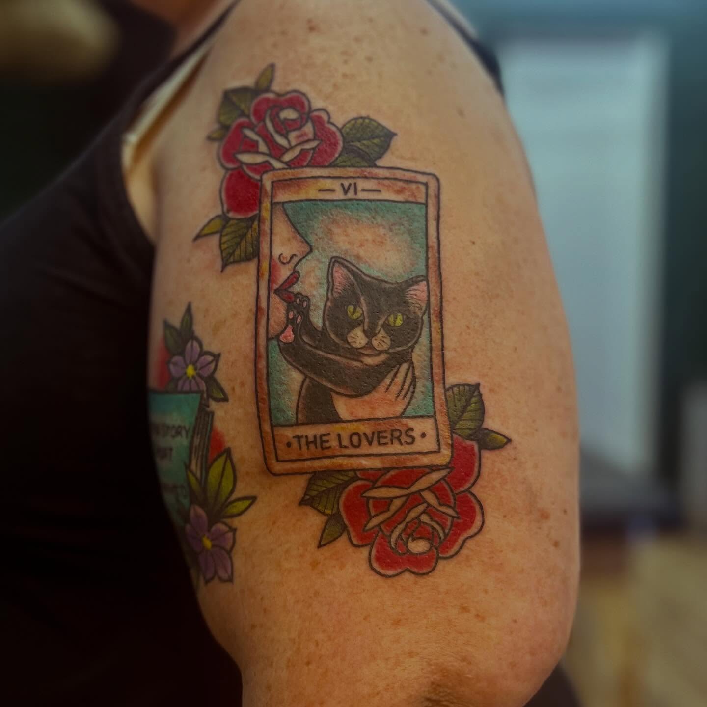 Cat and tarot card American traditional tattoo on the shoulder by Victorian Coleman