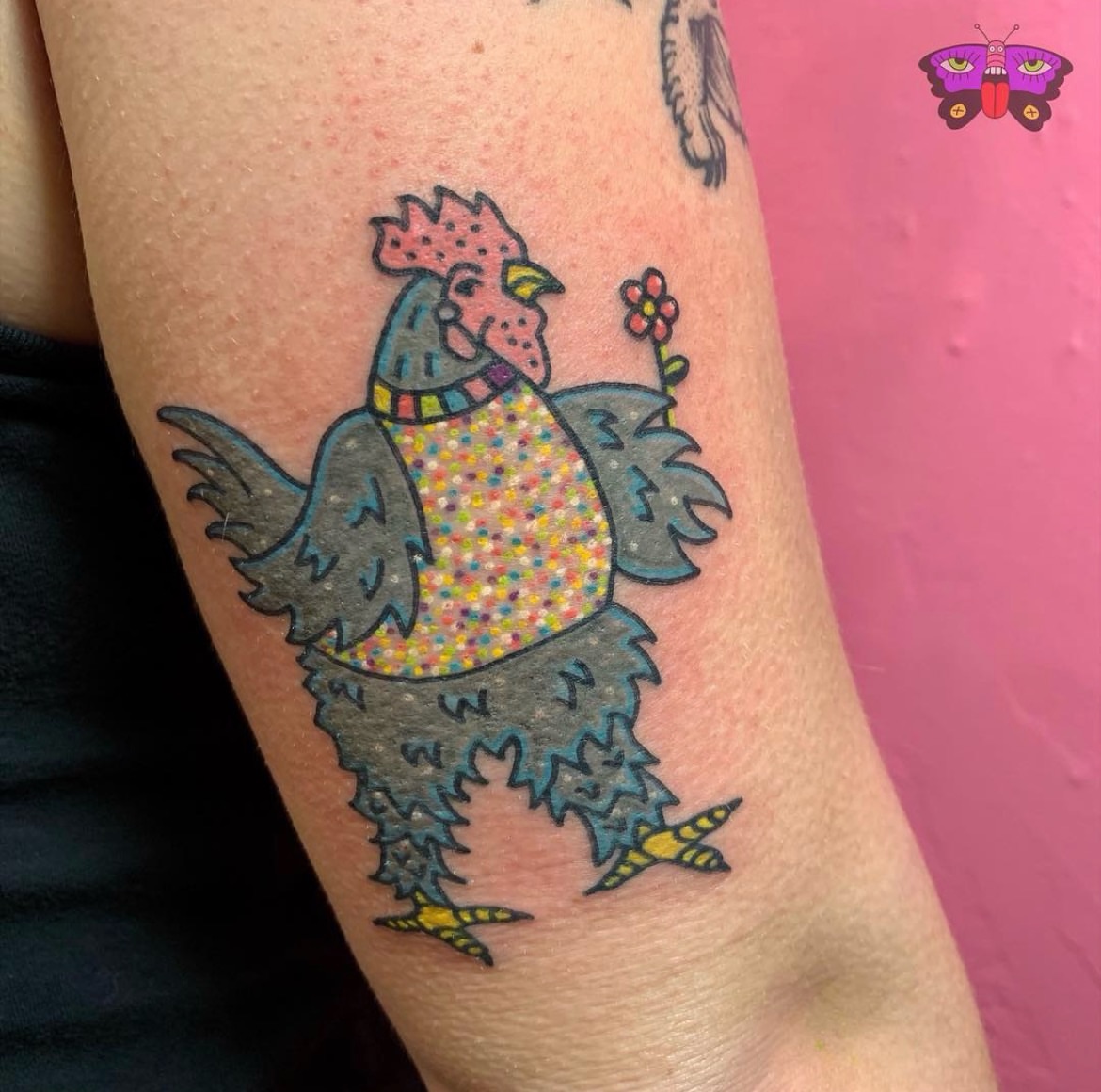 Rooster dotwork tattoo on the forearm by Jess Koala, San Francisco, California