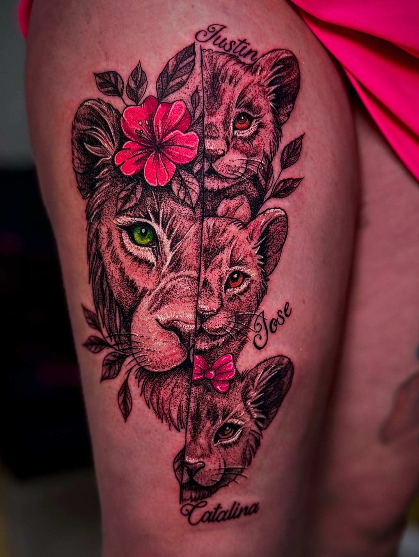 Lion family realism tattoo on the thigh by Eyinay Cabezas 🇨🇺🇺🇸