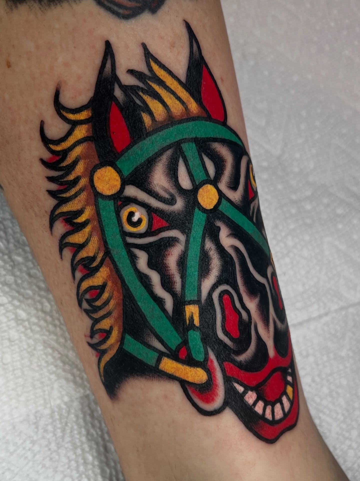 Horse head American traditional tattoo on the forearm by 💥Jeff Klug💥, Austin, Texas