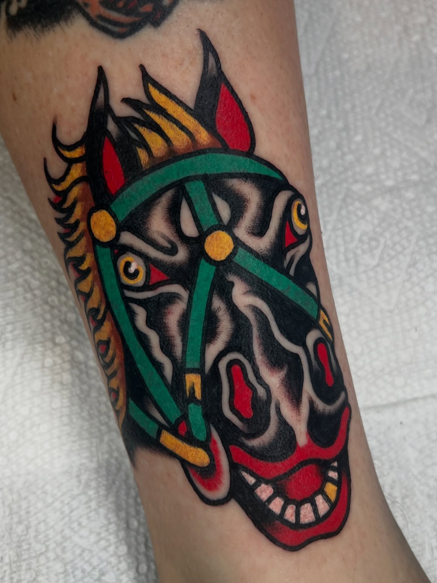 Horse head American traditional tattoo on the forearm by 💥Jeff Klug💥, Austin, Texas