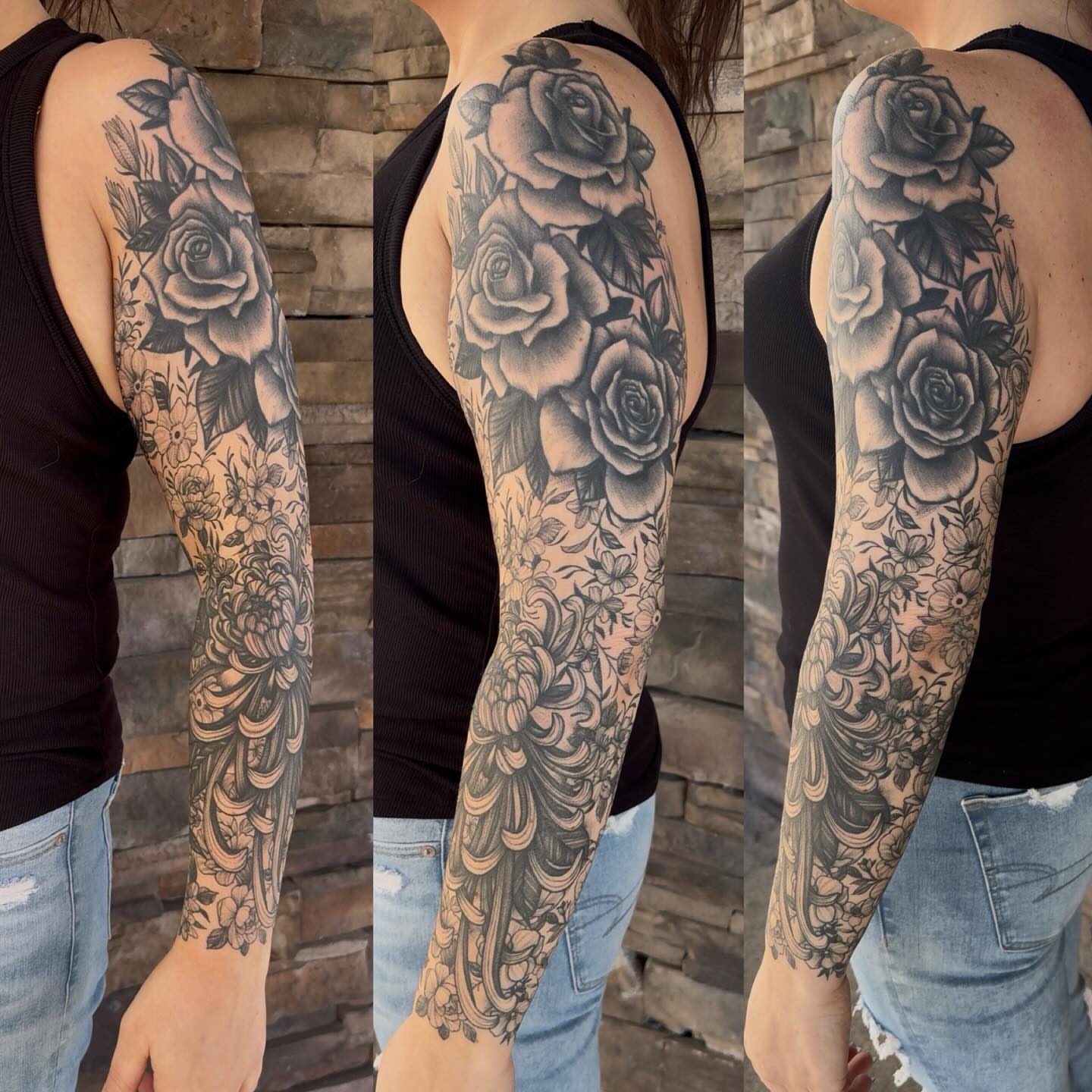 Roses and floral patterns ornamental tattoo on the upper arm by Cj Hurtado