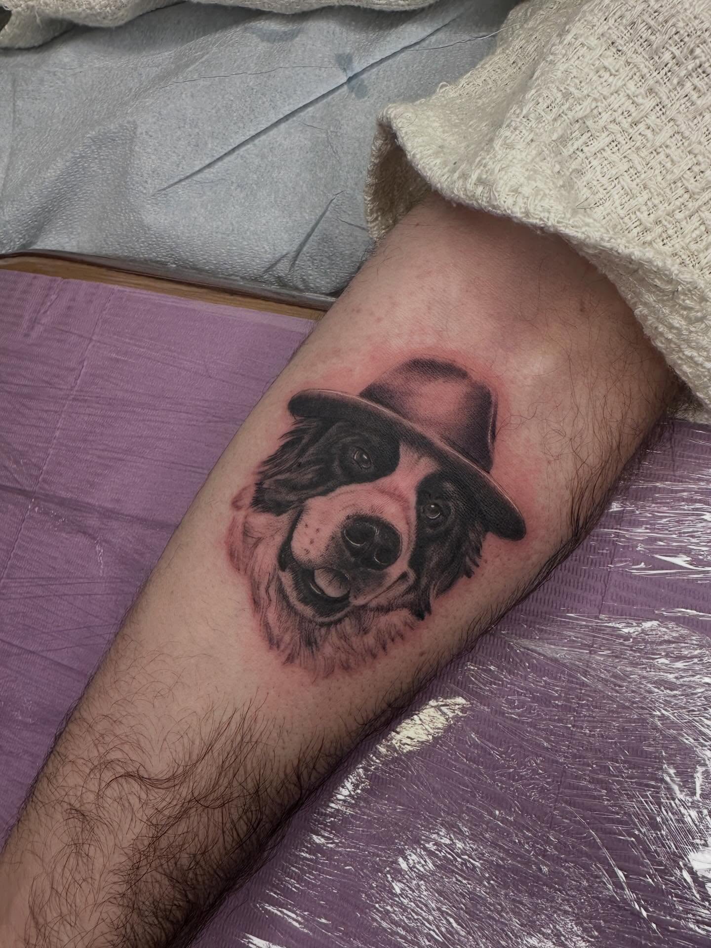 Dog wearing hat realism tattoo on the forearm by Alex Gunshefski