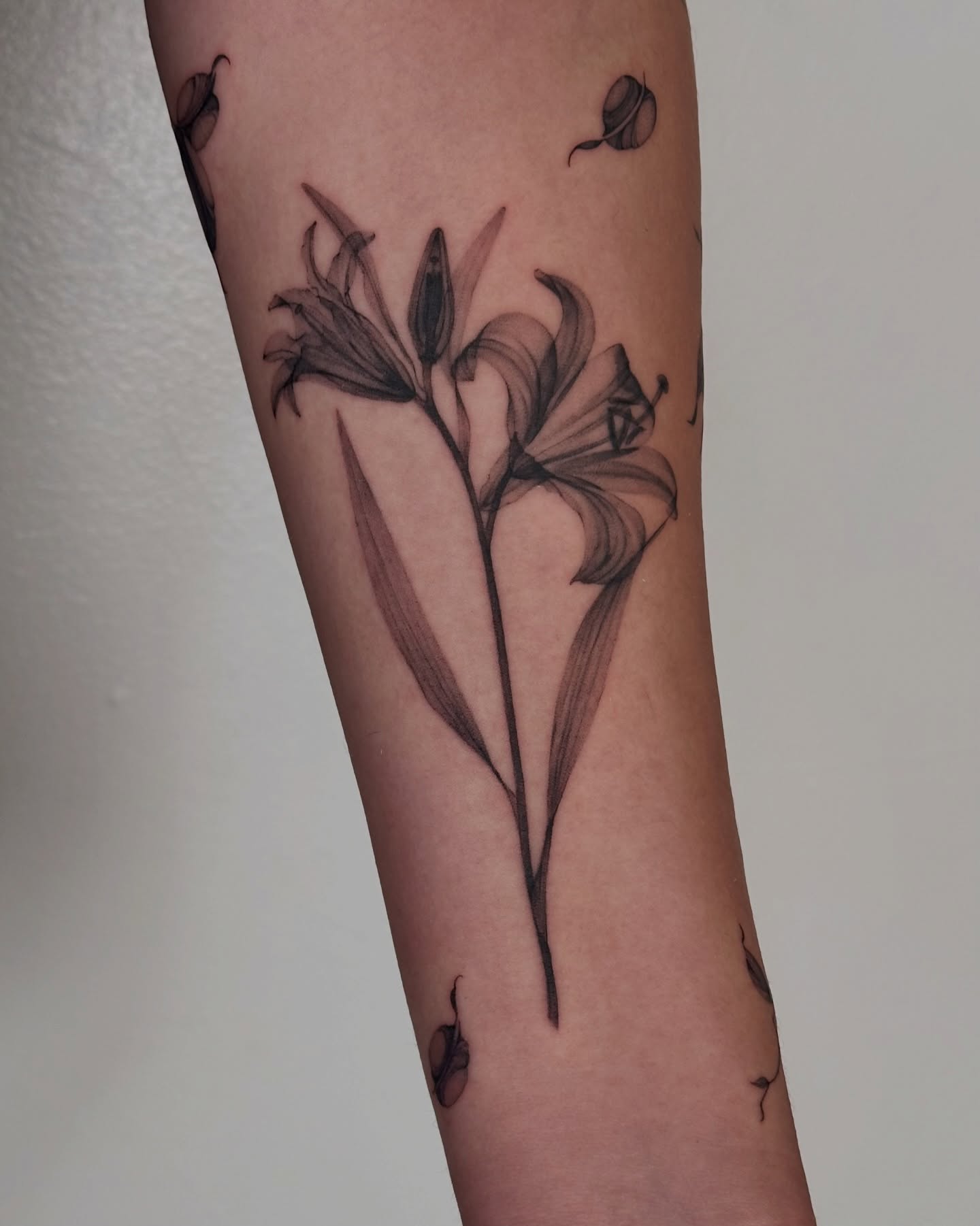 Lily black and grey tattoo on the forearm by Soohee Jin✨ NYC tattoo artist