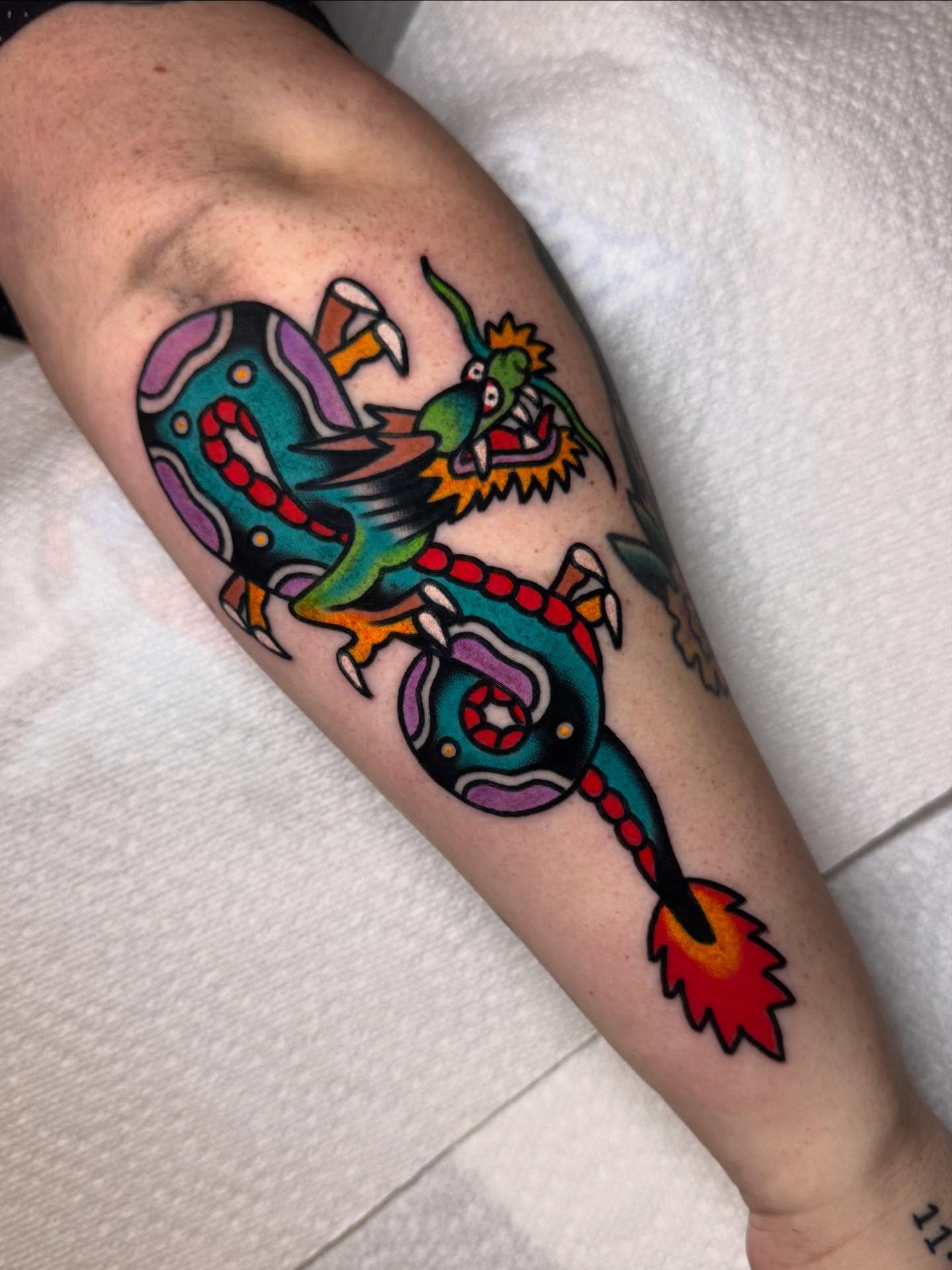 Dragon American traditional tattoo on the forearm by Jonathan Clapp, San Antonio, Texas