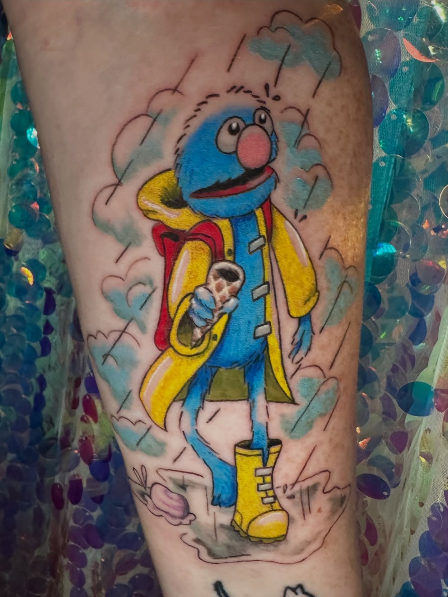 Grover illustrative tattoo on the forearm by Sunny, Austin, Texas