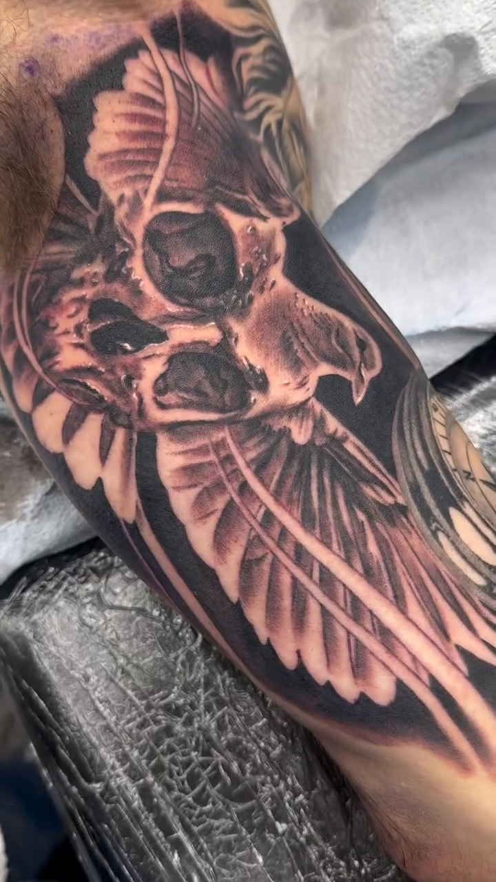 Skull with wings realism tattoo by Steve Bishov