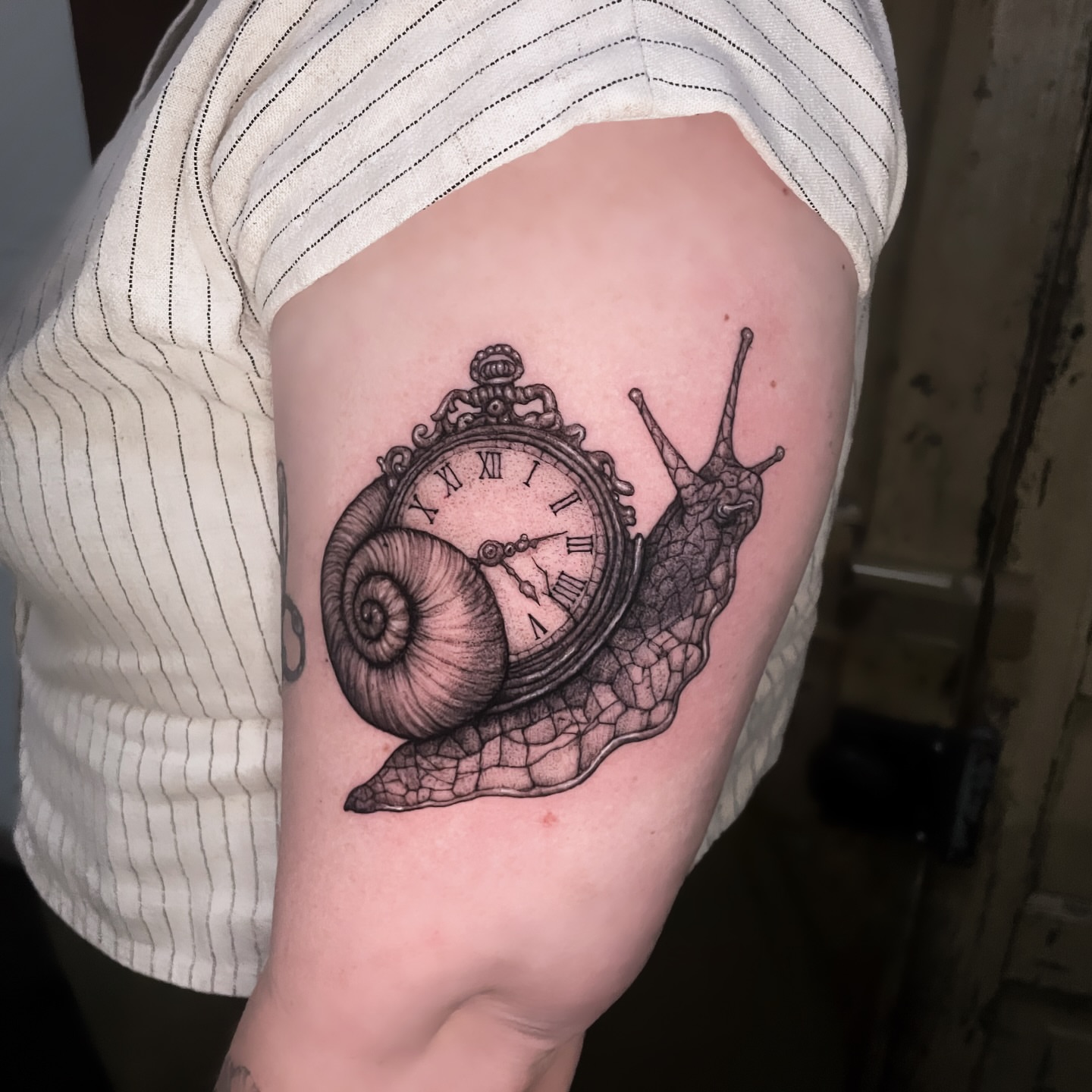 Snail with clock shell realism tattoo on the forearm by 𝒥𝓊𝓃𝒾𝓅𝑒𝓇 𝒫𝑜𝓈𝓉 (Juju)