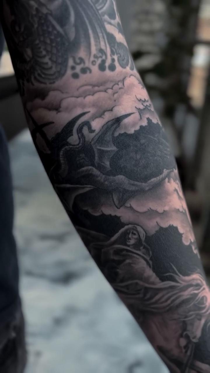 Tattoo by @mimzipma — dark_realism, black_and_grey