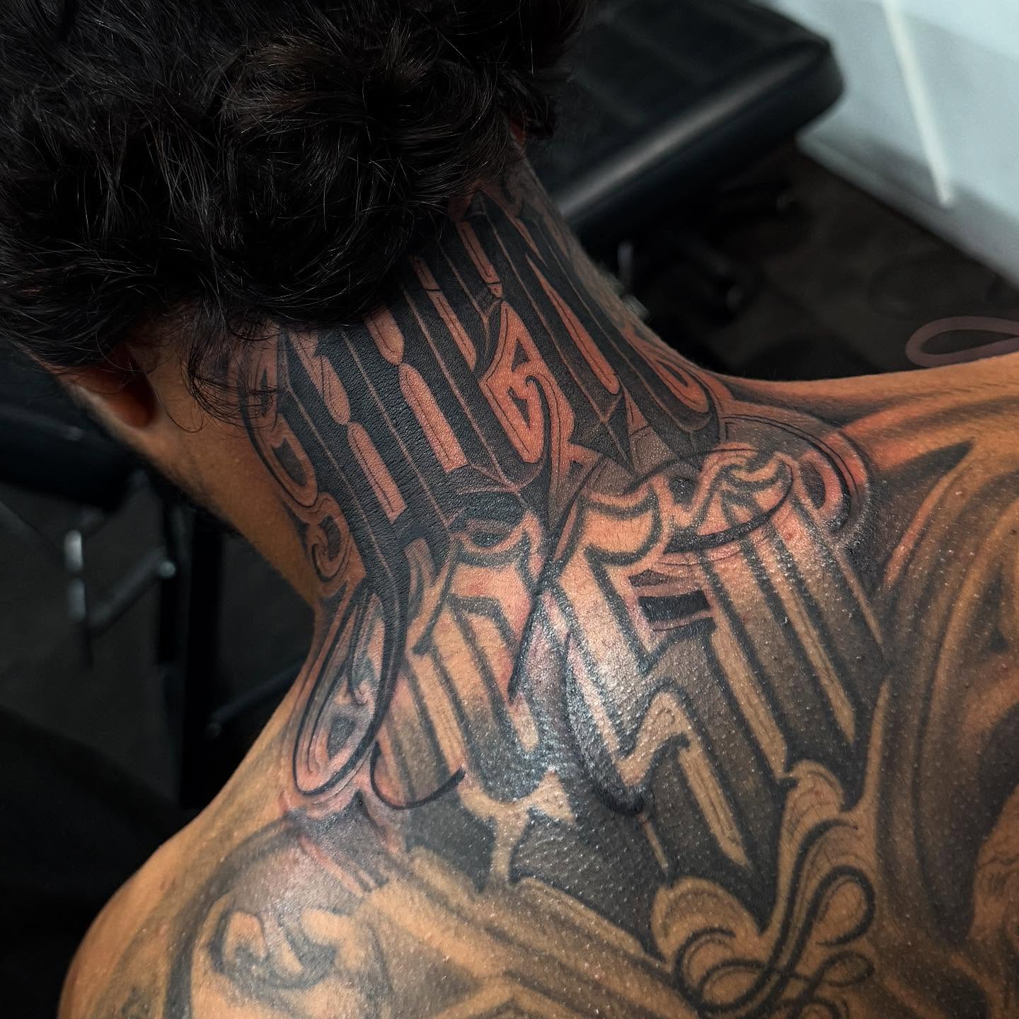 Script lettering lettering script tattoo on the neck by Chicanocustomlettering