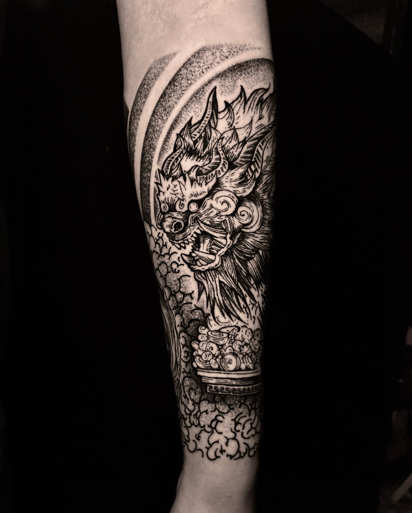 Tattoo by @moom_tattoo — dotwork, black_and_grey