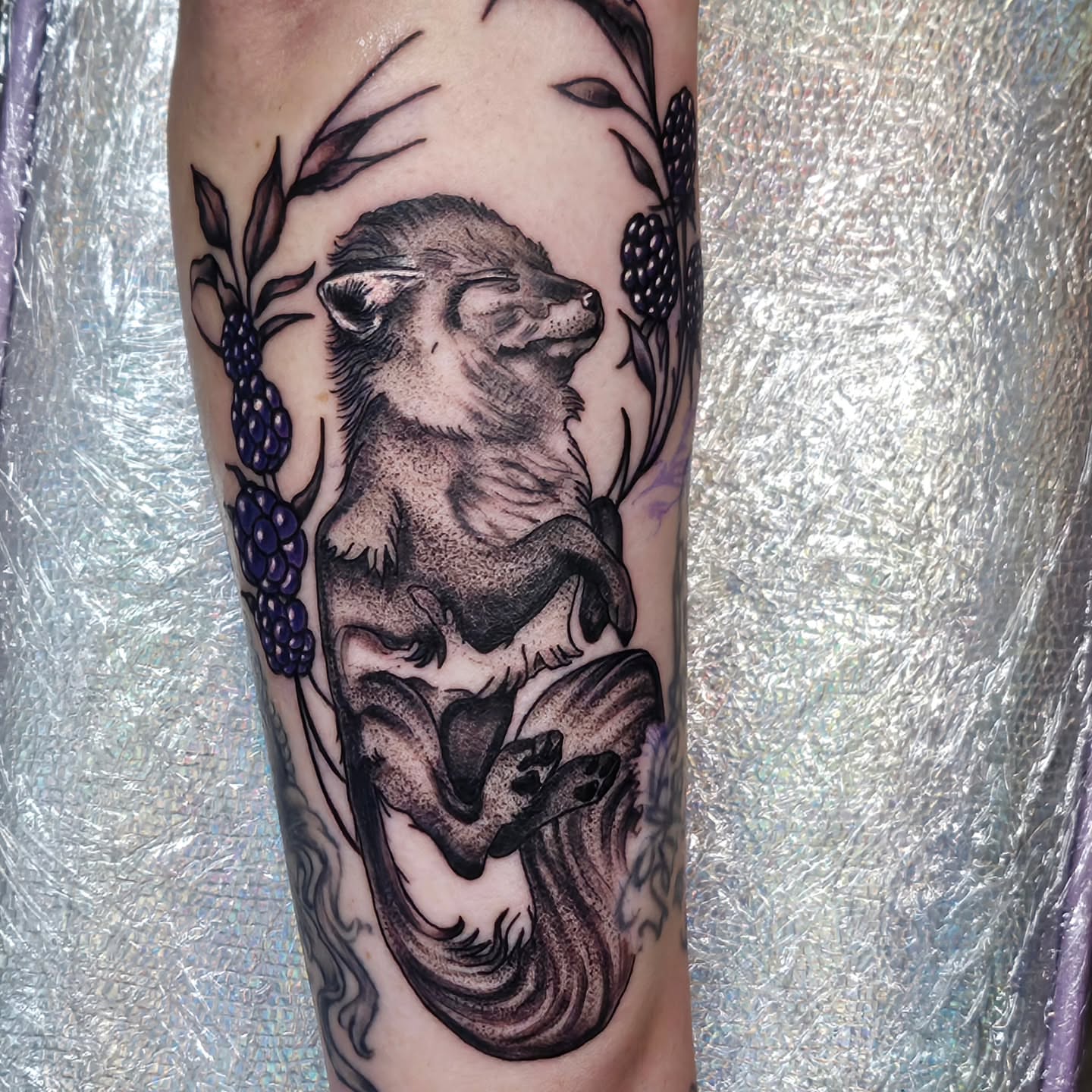 Wolf and grapes black and grey tattoo on the forearm by Kelsey Moore, Richmond, Virginia