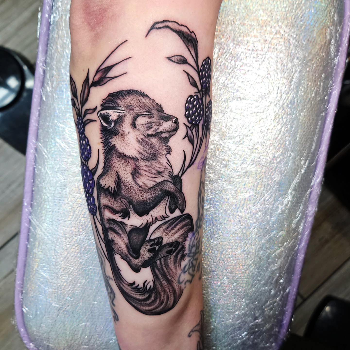 Fox and berries dotwork tattoo on the forearm by Kelsey Moore, Richmond, Virginia