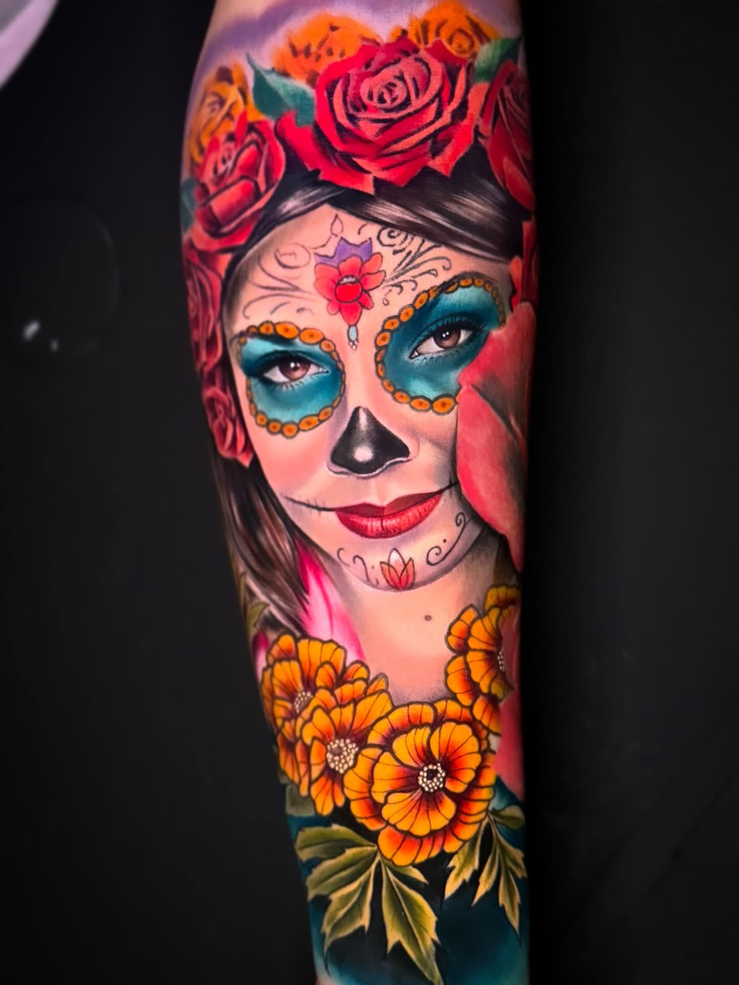 Catrina Chicano tattoo on the forearm by Eric Zuluaga