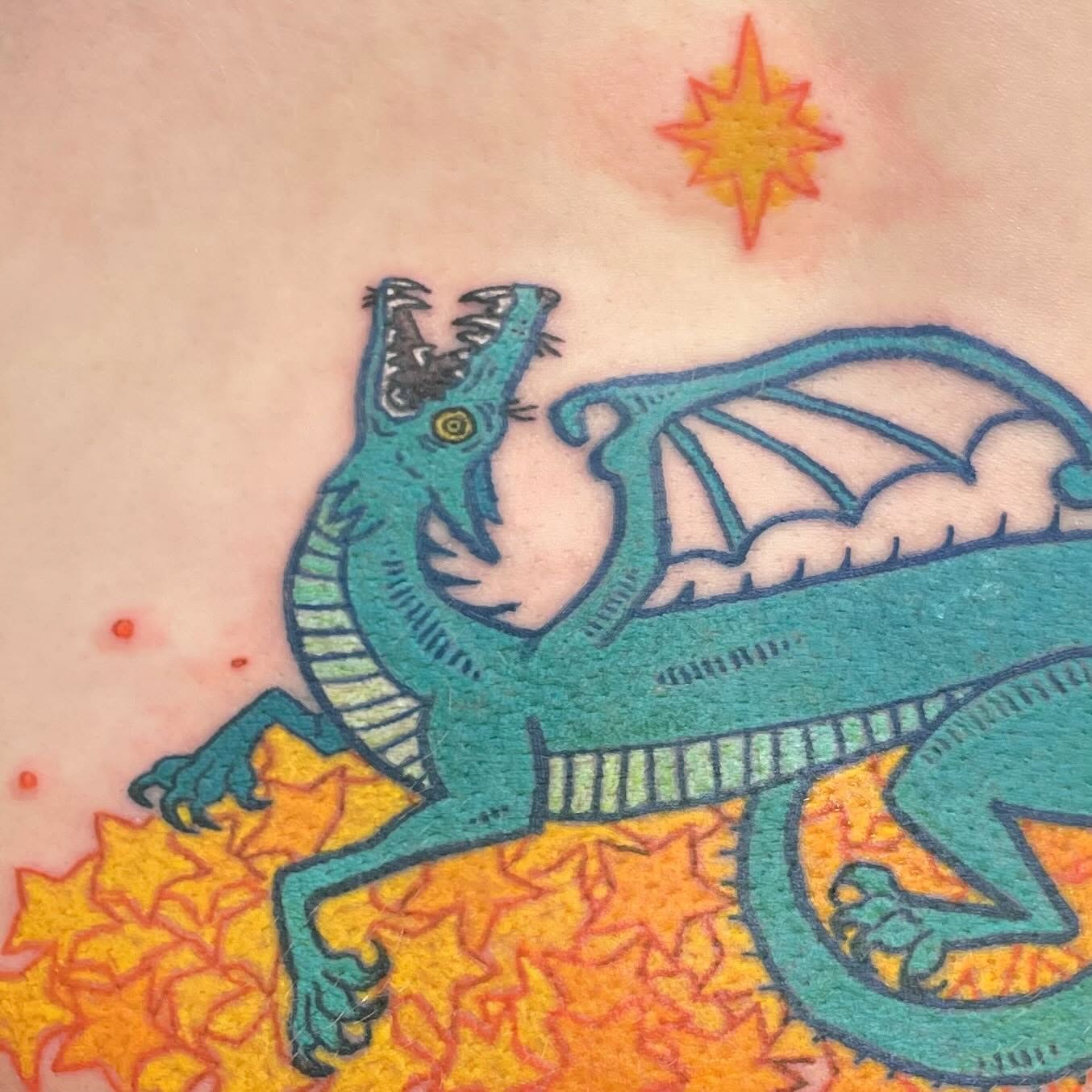 Dragon new school tattoo on the torso by Avalon Sable
